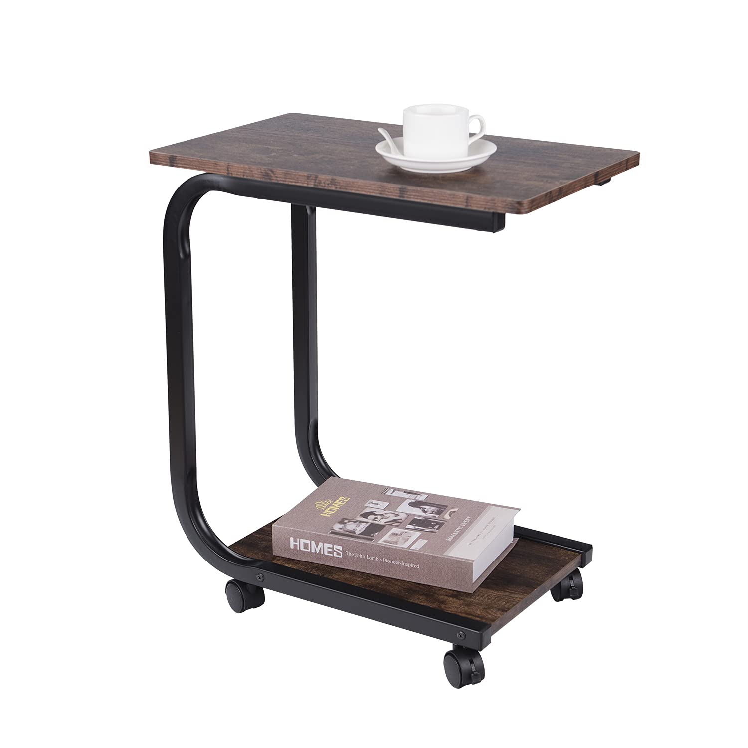 **Rolling C-Shaped End Table with Wheels - Sturdy Wood & Large Steel Tube Frame - Sofa Snack Table, Coffee Tray Stand - Perfect for Living Room, Bedroom & Office (Brown)**