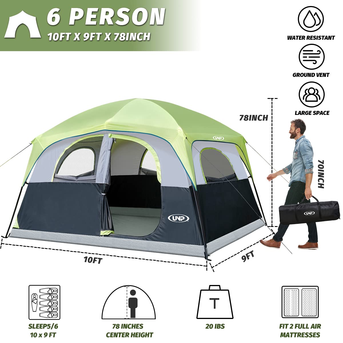UNP 6-Person Waterproof Windproof Camping Tent - Easy Setup Double Layer Family Tent with 1 Mesh Door & 5 Large Windows (10'x9'x78