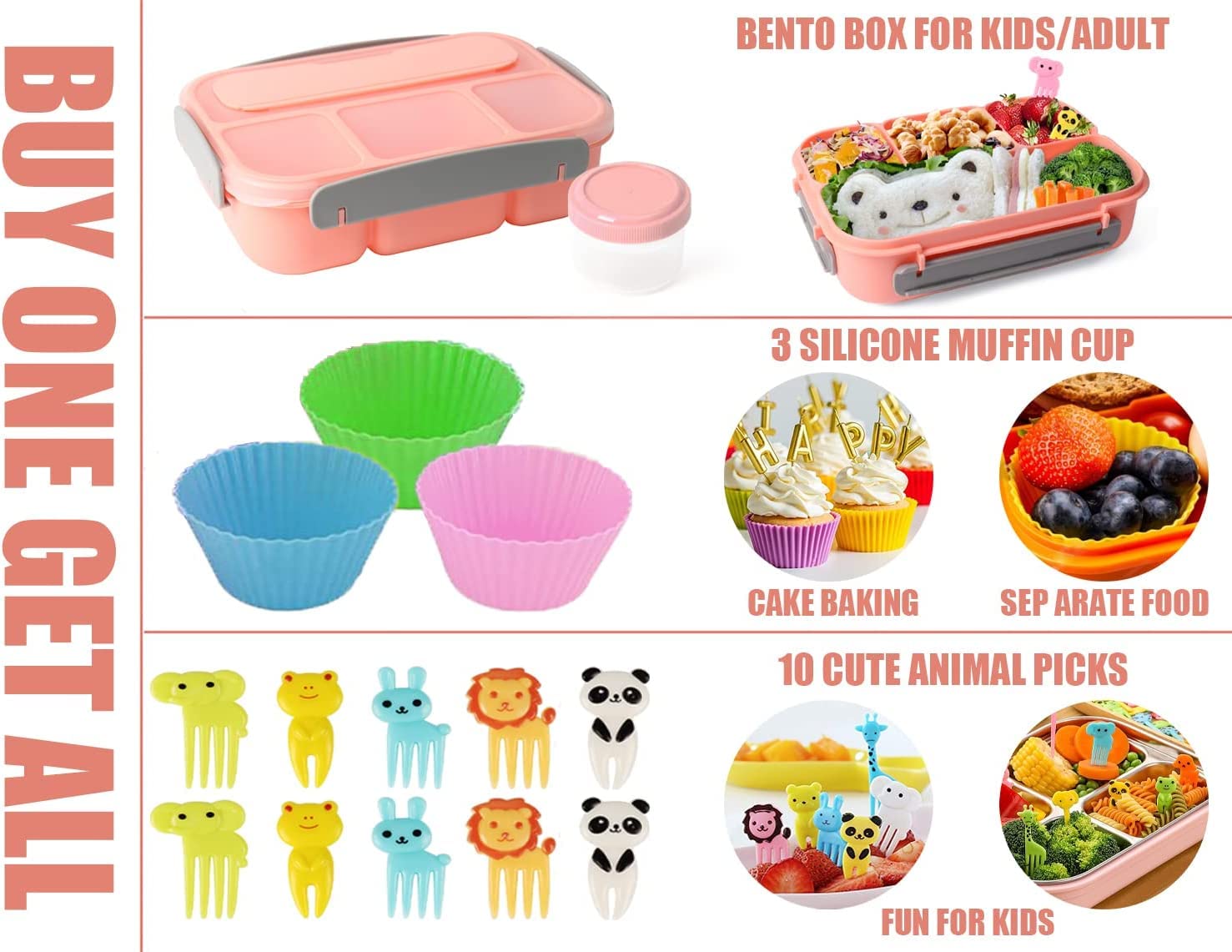 **1300ML Bento Lunch Box for Kids & Adults - 4 Compartment Leakproof Bento Containers Set with Mini Containers, Fruit Picks & Muffin Silicone Cup - Perfect for School, Work & Picnics (Pink)**