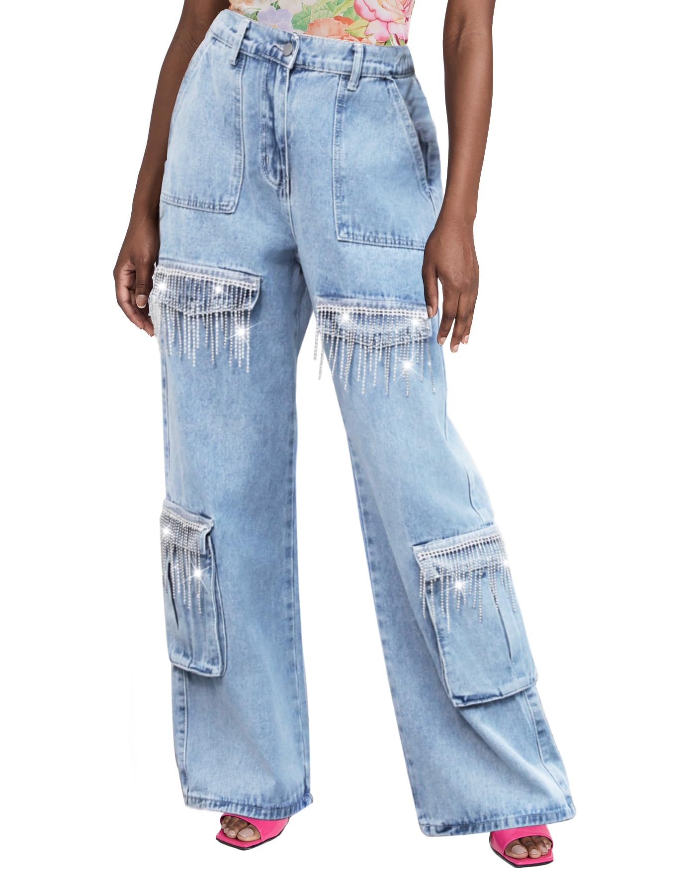 Sparkly Glitter Fringe Women's Cargo Denim Jeans - Nashville Wide Leg Pants with Rhinestone Tassel for Casual Wear & Night Out