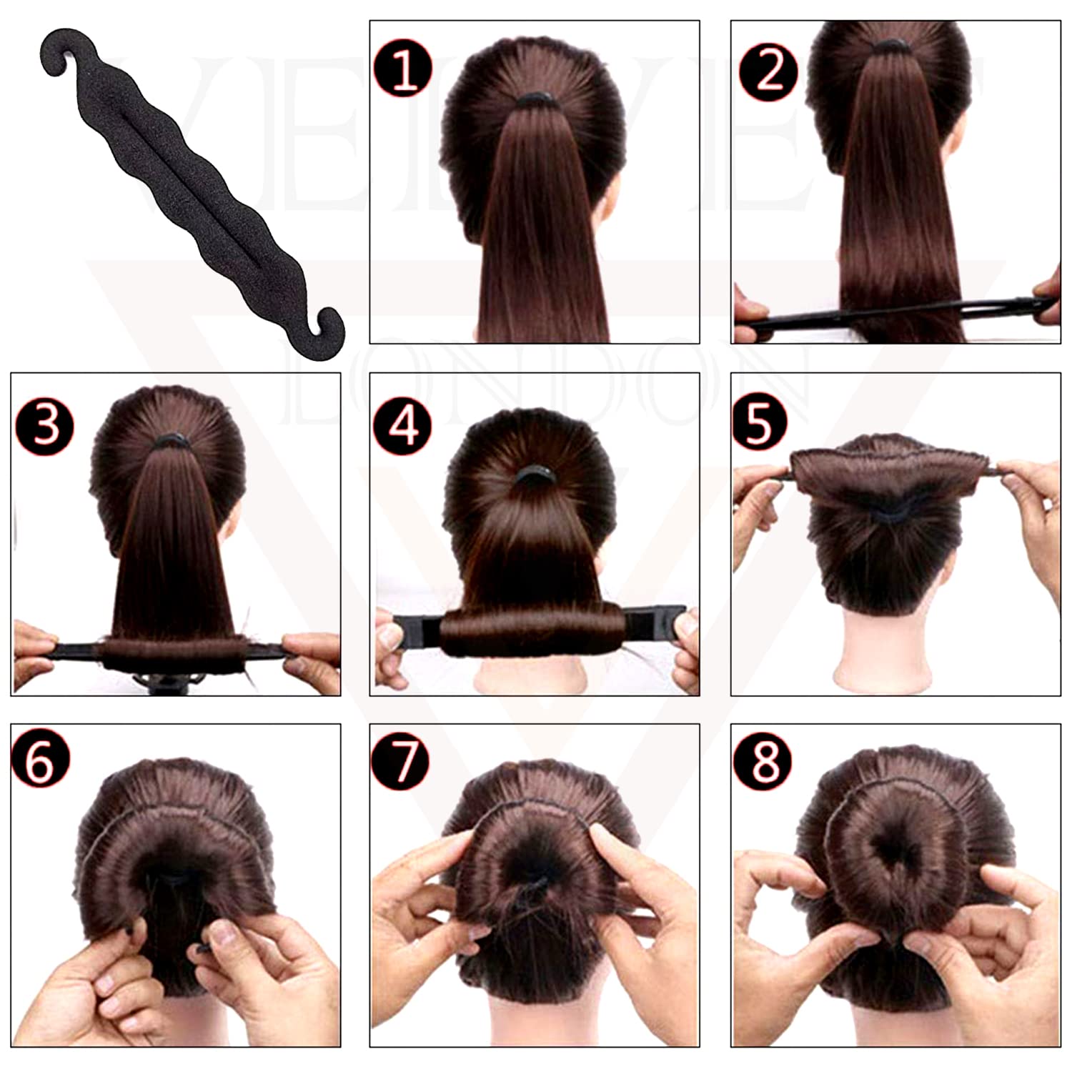 Velvet London 6-Piece Hair Bun Maker Set - Twist Bun Maker, Donut Sponge, Ponytail Holder & French Braiding Tool for Women | Perfect for Updos, Wedding & Party Hairstyles (Black)