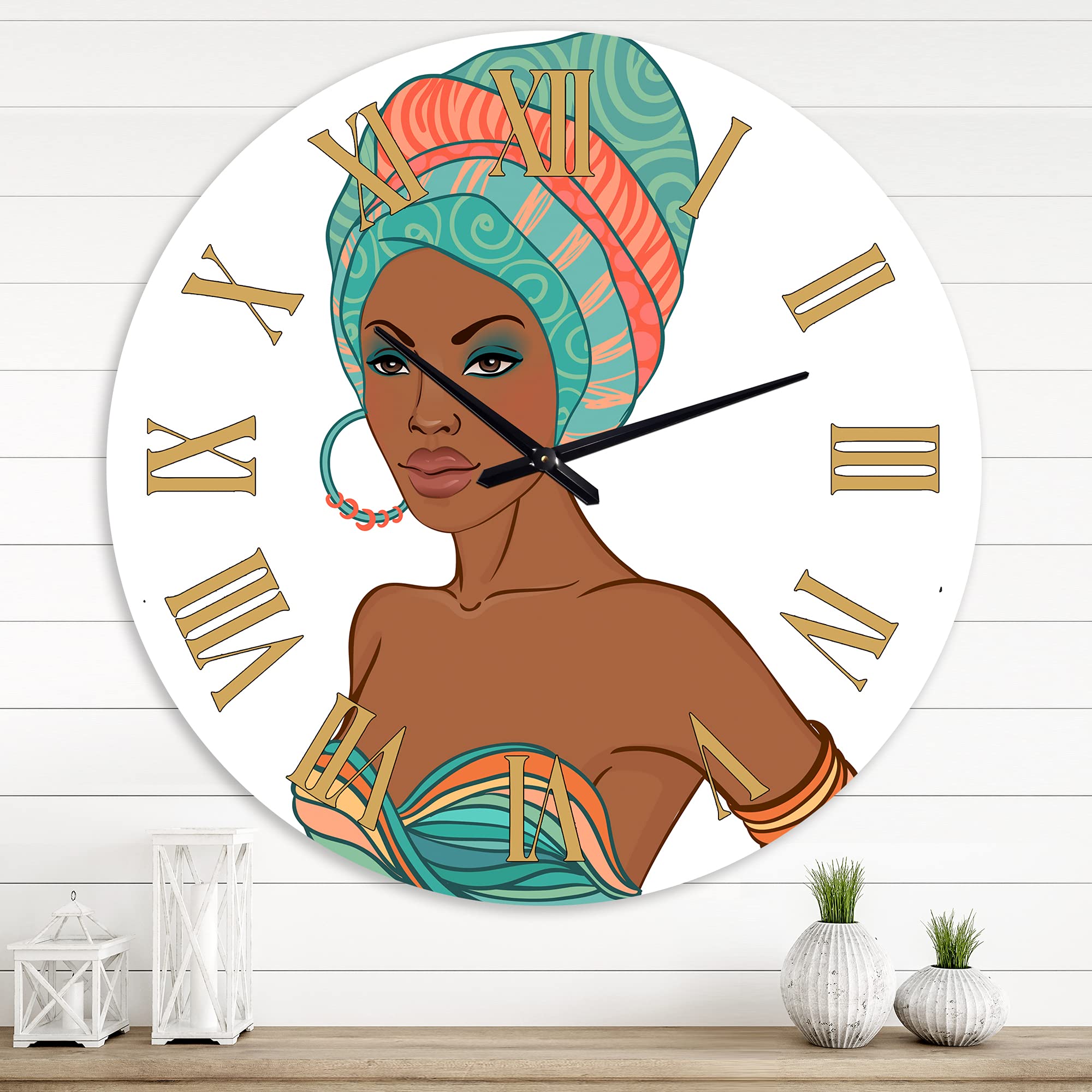 African American Woman with Earring & Turban Wall Clock - Large Modern Decorative Clock for Kitchen, Living Room, Bedroom & Office - Silent Non-Ticking Home Decor