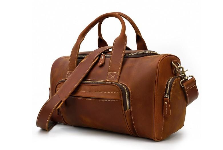Men's Brown Leather Travel Duffel Bag - Waterproof Carry-On Luggage for Business Trips, Weekend Getaways & Outdoor Adventures