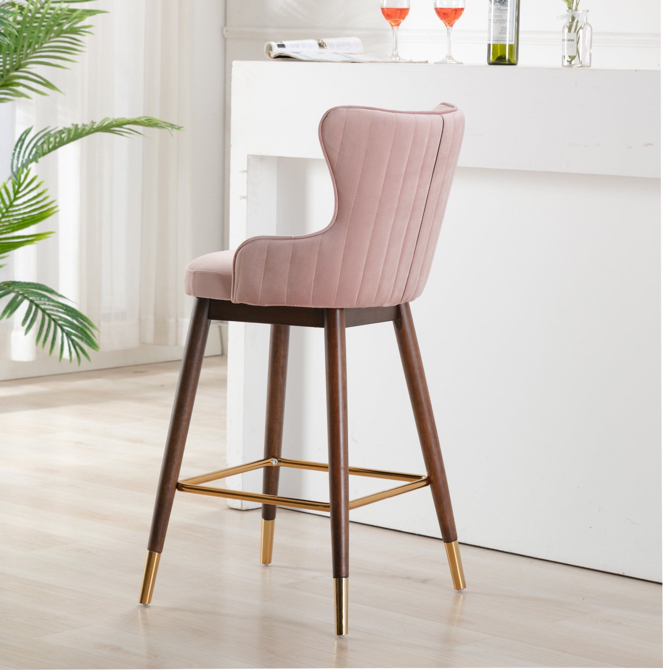 Roundhill Furniture Leland Fabric Upholstered Wingback Bar Stools - Pink Set of 2, Comfortable Kitchen Island Stools for Dining Room, Bar Counter & Home Decor