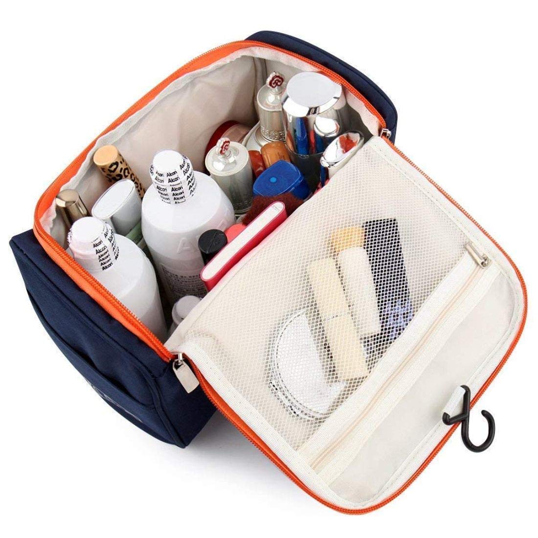 FRIJVEN Waterproof Polyester Travel Toiletry Bag with Hook - Portable Cosmetic Organizer for Makeup, Grooming & Personal Care - Ideal for Men & Women Travel Accessories (Navy Blue) | Perfect for Airplane, Gym, Camping & Business Trips