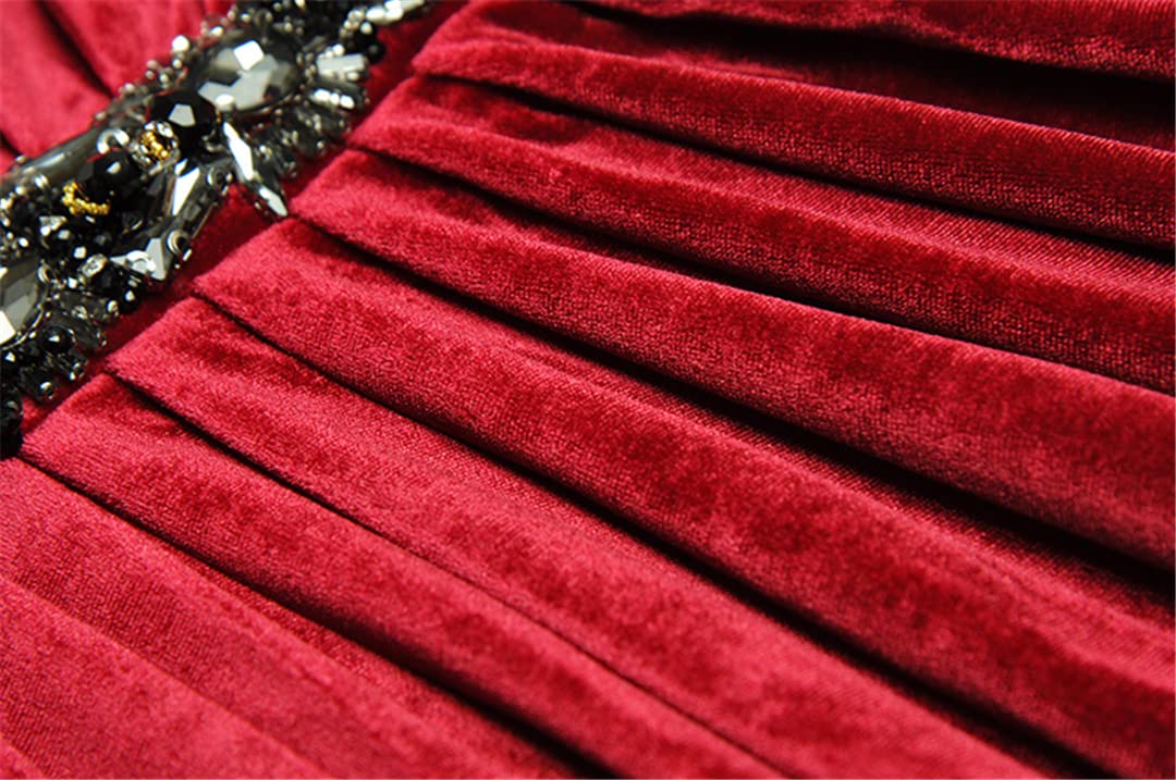 Elegant Red Velvet Party Dress for Women - V-Neck Beaded Long Sleeve High Waist Slim Pencil Dress for Fall Weddings, Christmas Parties & Formal Events