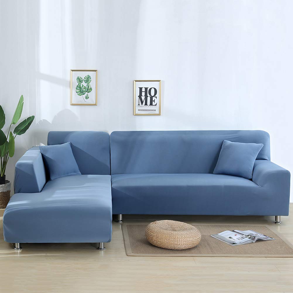 MIFXIN L-Shaped Sectional Sofa Covers 2-Piece Set - Stretchable Polyester Slipcover with 2 Pillow Covers - Furniture Protector for 3-Seater L-Shaped Couches (Light Blue) - Perfect for Living Room, Family Room & Home Theater Seating Protection