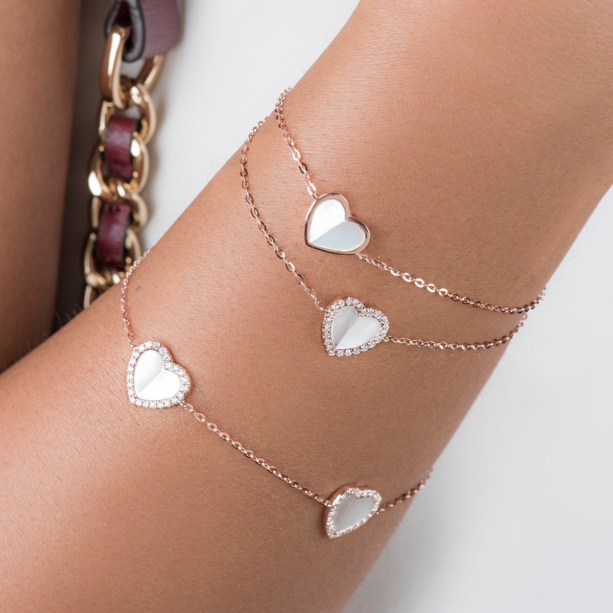 14k Rose Gold Mother of Pearl & Diamond Halo Heart Bracelet - Elegant Station Jewelry for Women, Perfect for Anniversaries, Valentine's Day & Special Occasions