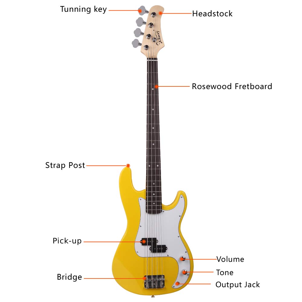 Glarry GP Bass Guitar Strap - Adjustable Padded Shoulder Strap with Pick Holder & Cable Wrench Tool (Yellow) - Perfect for Electric Bass Players & Musicians On Stage or Studio