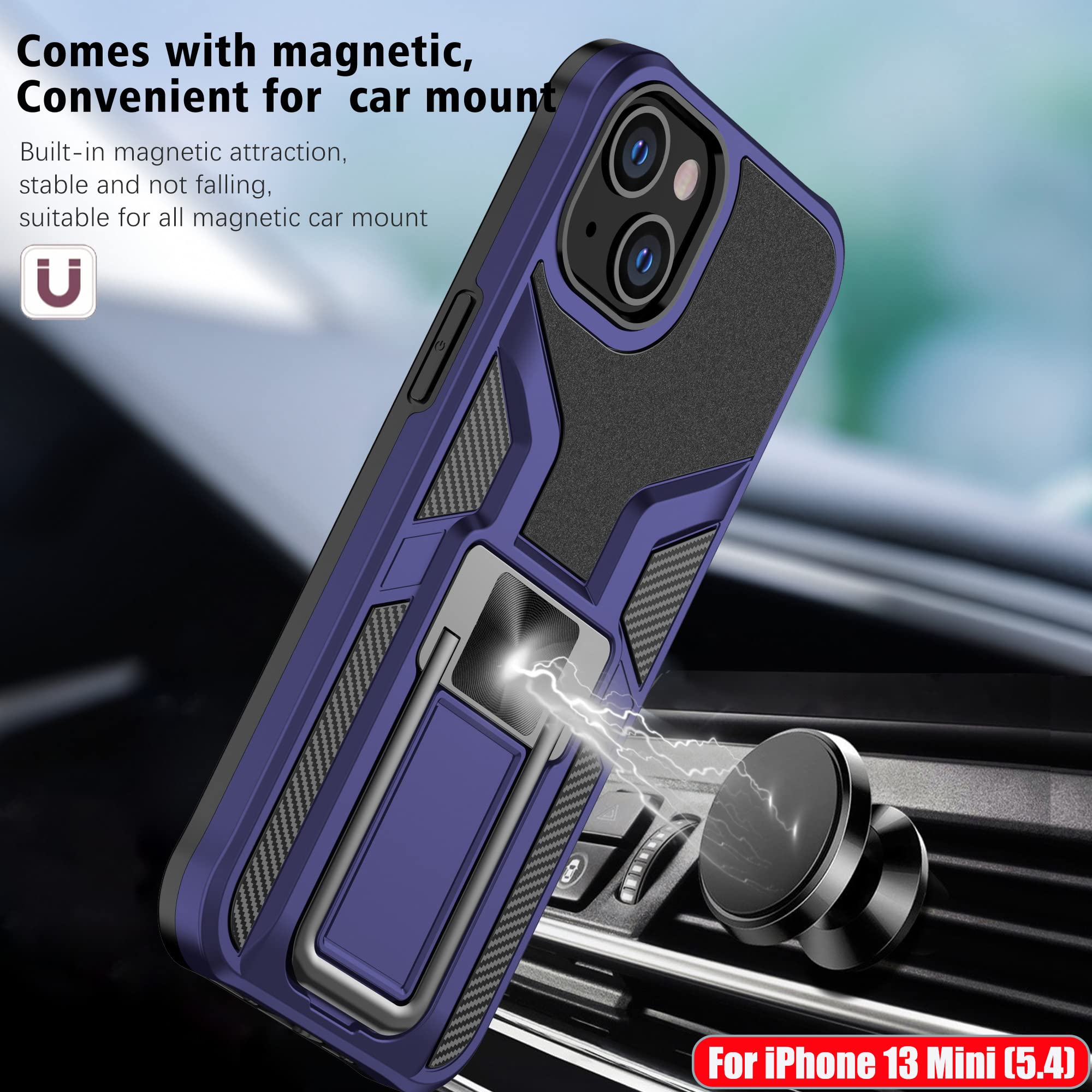 Military Shockproof iPhone 13 Mini Case - Magnetic Kickstand for Car & Outdoor Use