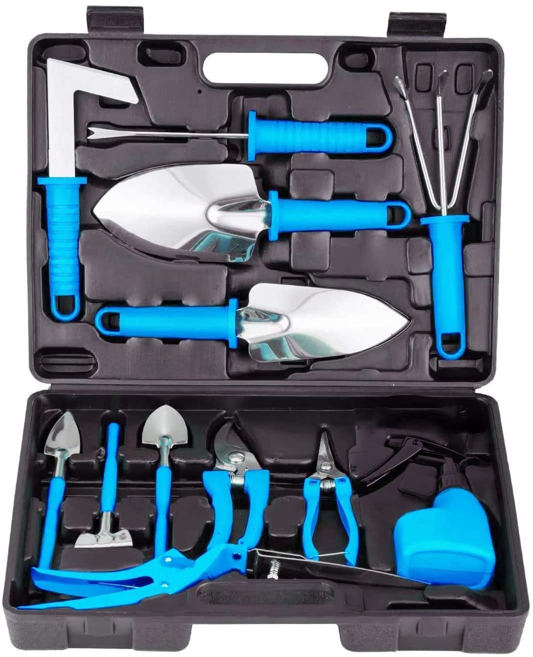 14-Piece Stainless Steel Garden Tools Set with Ergonomic Handles - Trowel, Rake, Weeder, Pruner, Shears & Sprayer - Perfect Gardening Gifts for Women & Men - Includes Durable Carrying Case (Blue) - Ideal for Home Gardening, Landscaping & Outdoor Planting Projects