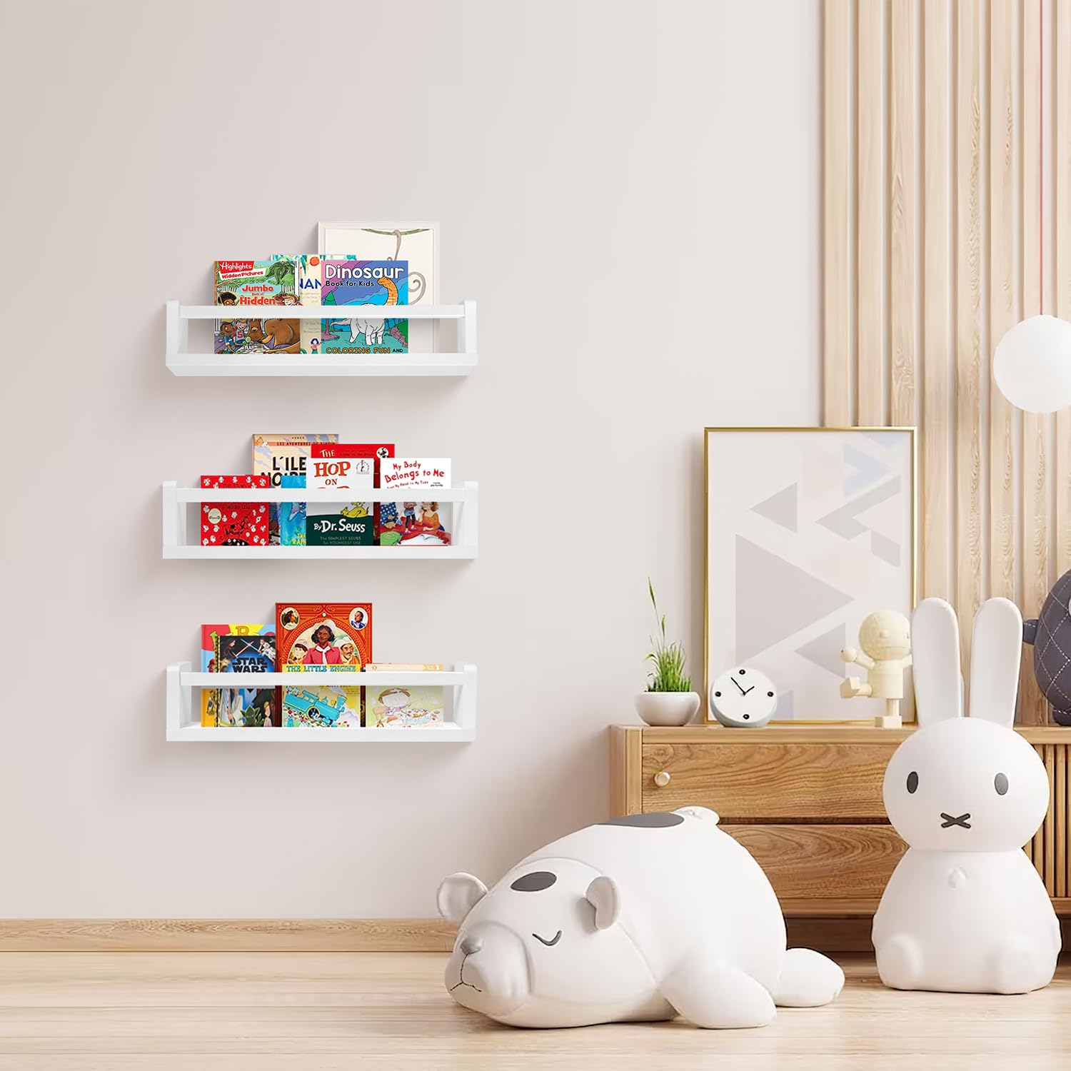 3-Piece White Nursery Book Shelves Set - 16.5 Inch Wall-Mounted Kids Bookshelf for Baby Bedroom, Playroom & Toy Storage | Perfect for Nursery Decor, Children's Book Organization & Montessori Learning Spaces