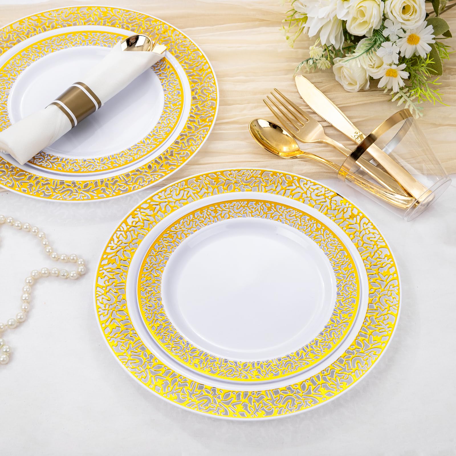 WELLIFE 210-Piece Gold Plastic Party Tableware Set - 30 Dinner Plates, 30 Dessert Plates, 30 Cups, 30 Napkins & 30 Cutlery Sets - Elegant Disposable Gold Silverware for Wedding, Birthday, Bridal Shower & Special Events - Perfect for Indoor/Outdoor Celebrations & Catering