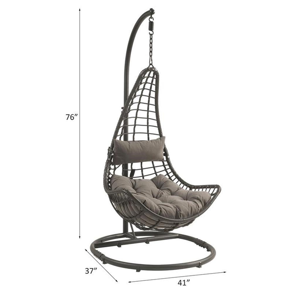 ACME Uzae Gray & Charcoal Wicker Hanging Chair with Metal Stand - Perfect for Outdoor Patio, Garden, and Backyard Relaxation