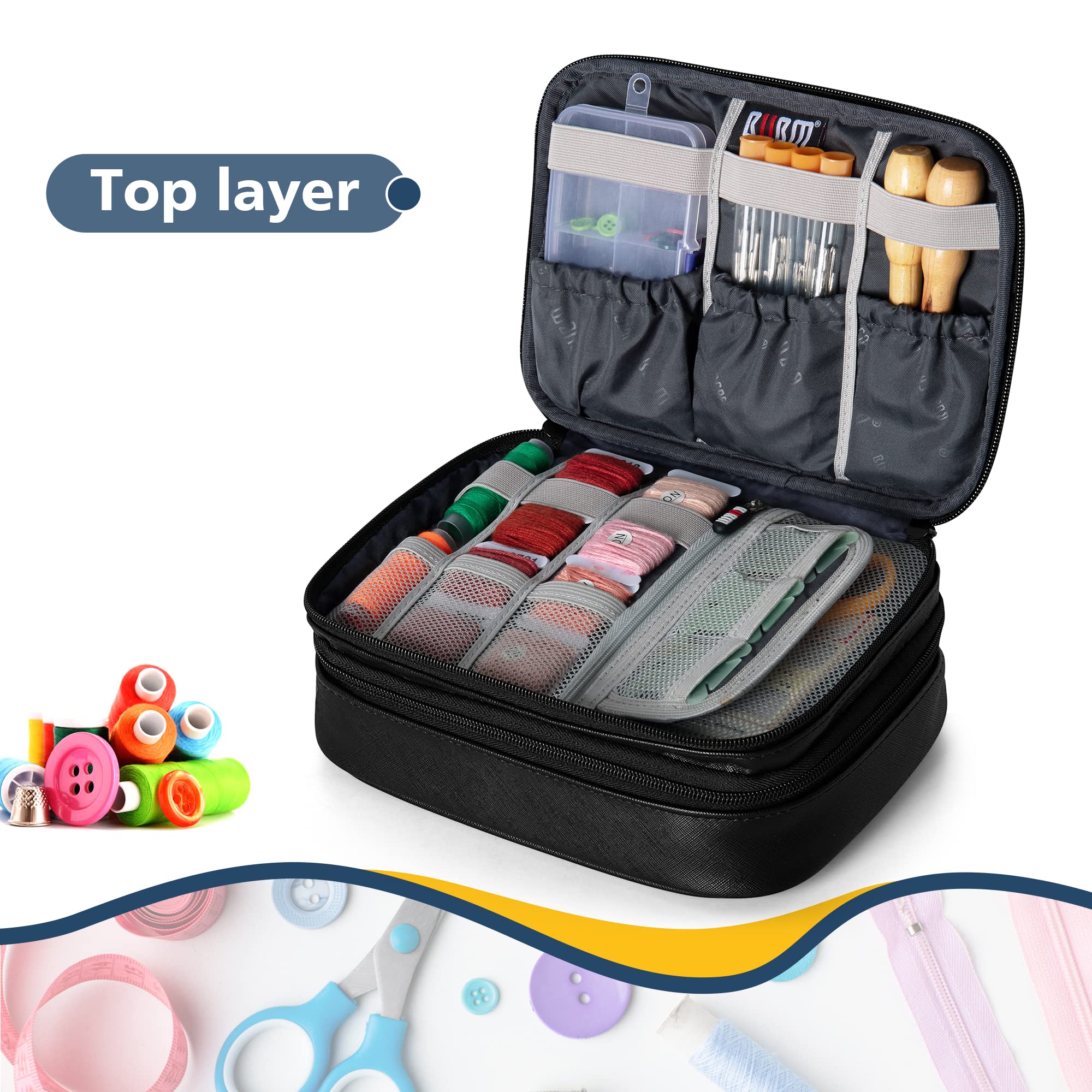 BUBM Double Layer Sewing Organizer with Detachable Dividers - PU Black Sewing Supplies Storage Bag for Needles, Threads & Notions | Perfect for Home Sewing, Quilting & Craft Projects