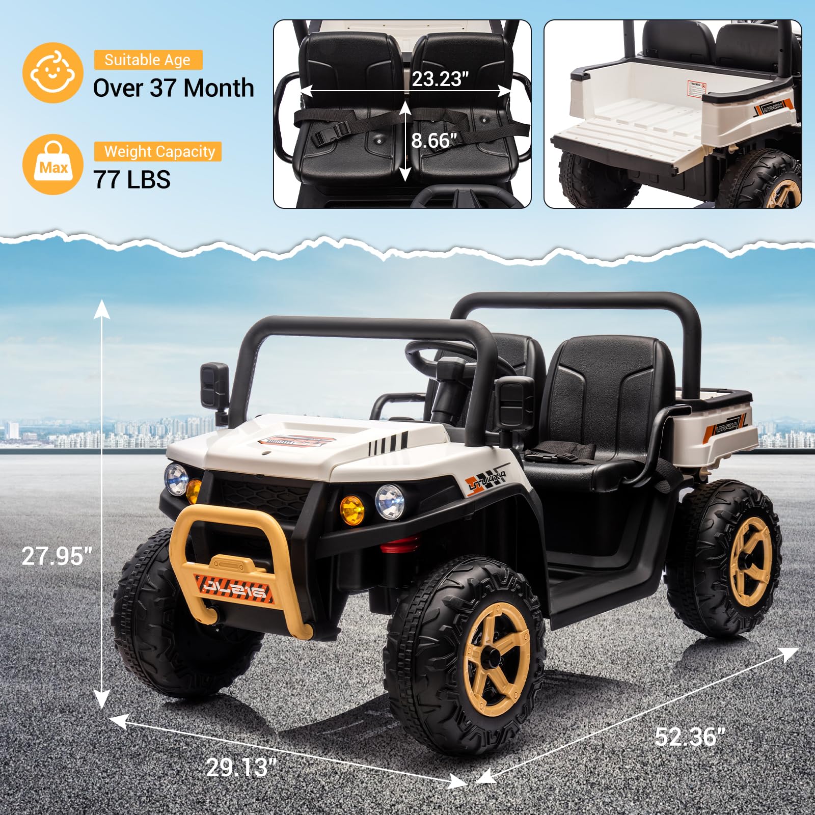 GARVEE 24V Kids Electric Ride On Dump Truck - 6X6 2 Seater Remote Control UTV Battery Powered 6 Wheeler for Boys & Girls Ages 3+ | Outdoor Play, Backyard Fun, Birthday Gift (White)