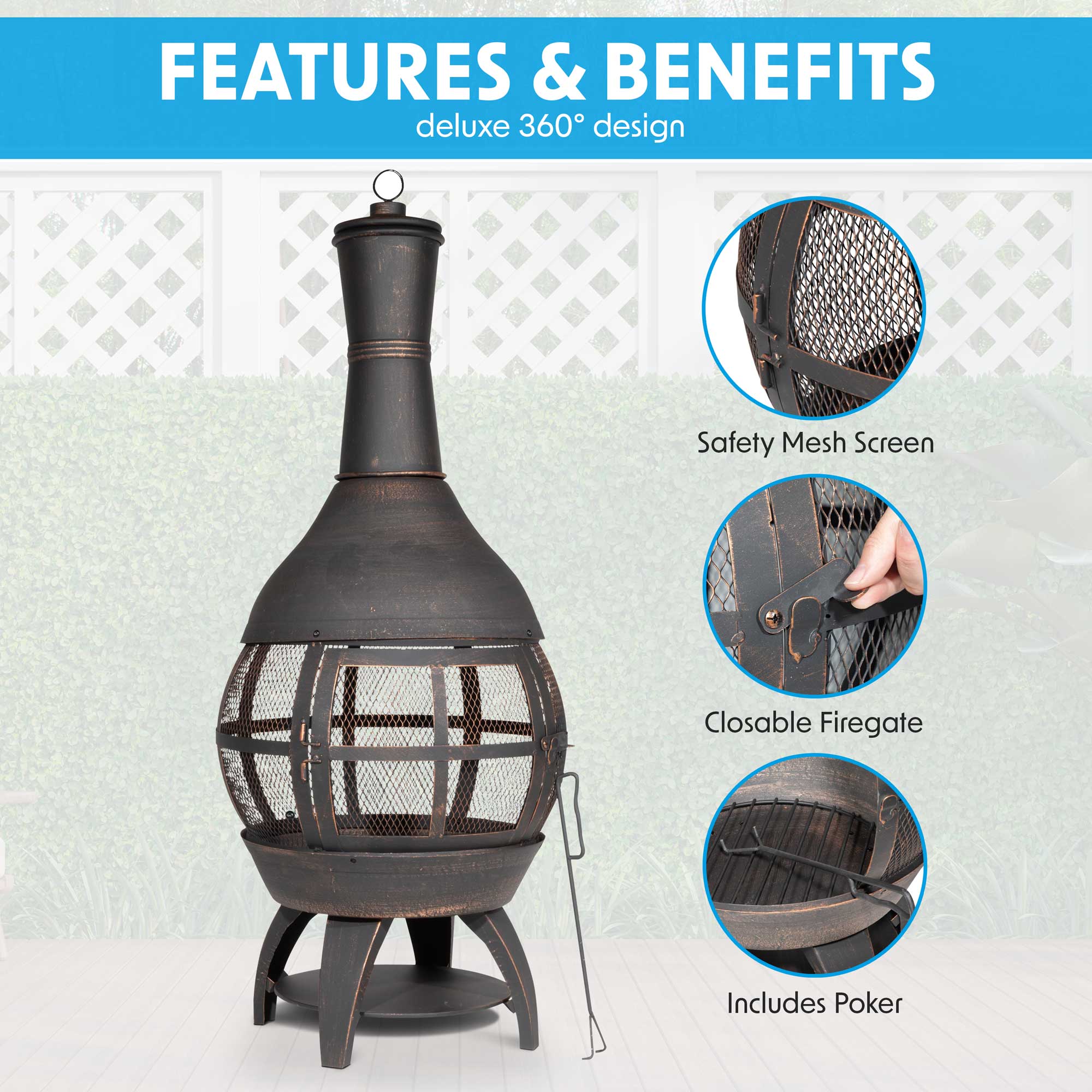 Premium 360° Chiminea Fire Pit Outdoor Heater - Antique Bronze Finish DG112 - Perfect for Backyard, Patio, and Garden Gatherings