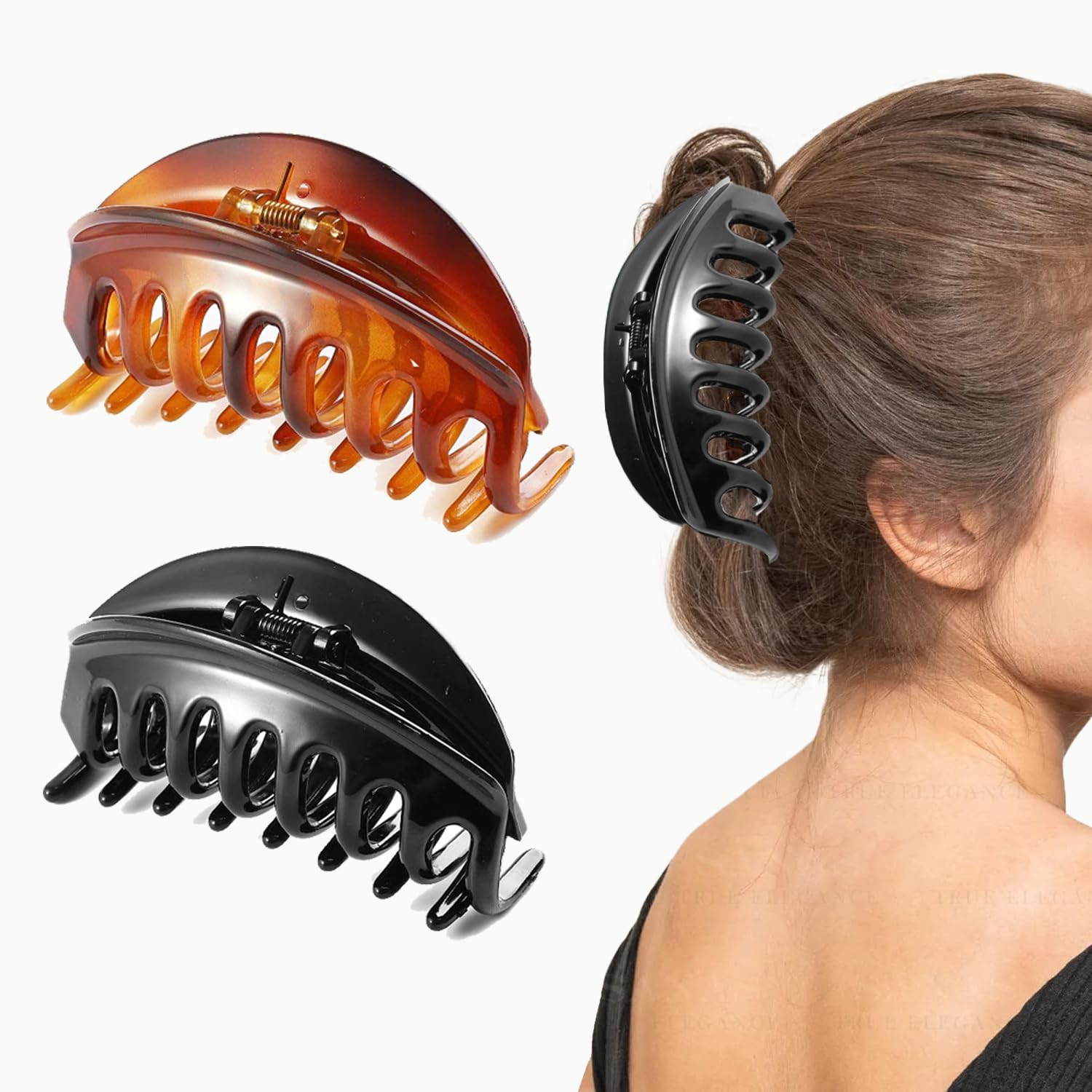 BIRDWARE Large Acrylic Butterfly Hair Clips for Women - 2 Pack, Black & Shell Color, D-Shape Hair Claws - Perfect for Parties, Weddings, and Everyday Styling