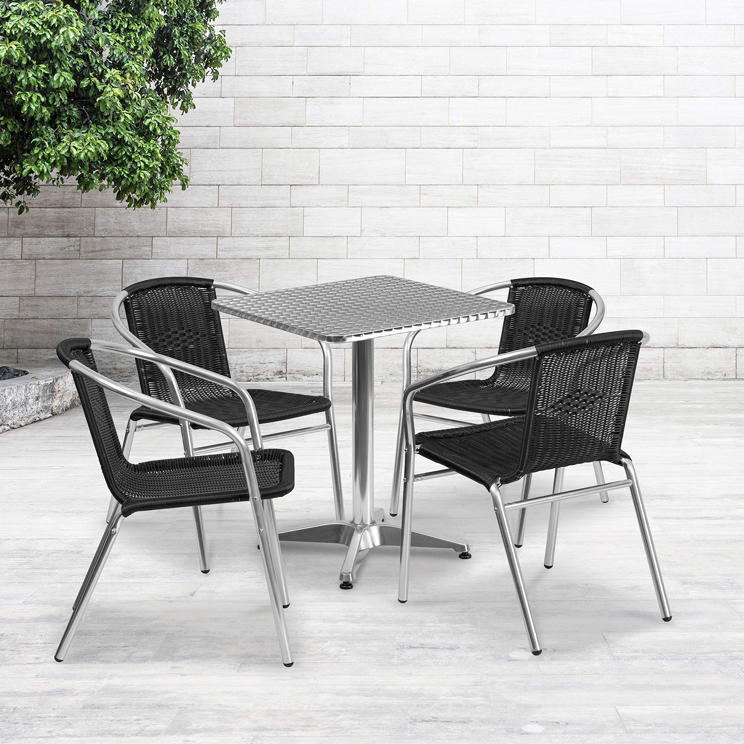 Flash Furniture 23.5'' Square Aluminum Patio Dining Table Set with 4 Black Wicker Chairs - Indoor Outdoor Bistro Set for Garden, Balcony & Backyard