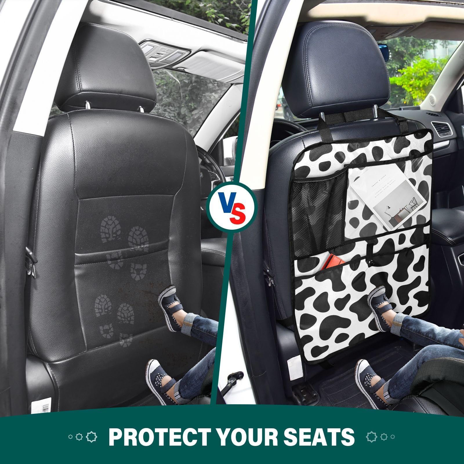 Aflyko Cow Print Car Seat Back Organizer - Black & White Kick Mat with Pockets, Backseat Protector, 1 Pack | Perfect for Travel, Road Trips & Family Car Rides