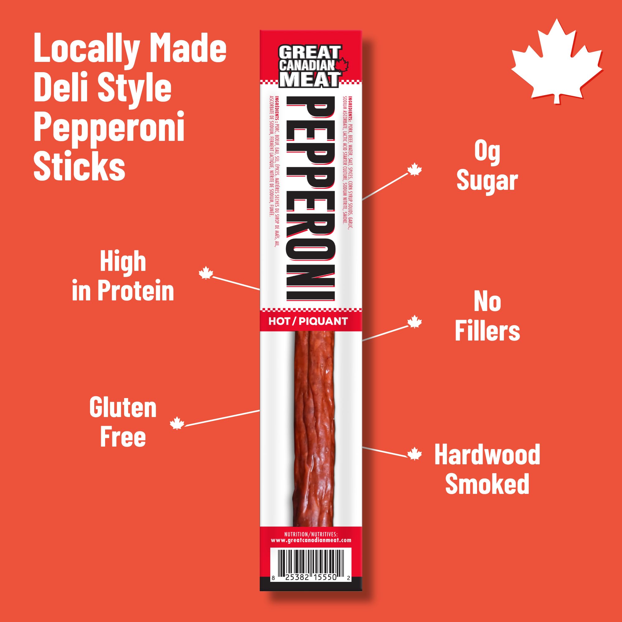 Great Canadian Meat Hot Pepperoni Sticks Box - 18 Sticks x 22g | Gluten Free, High Protein Meat Snacks for Carnivores | Perfect for On-the-Go Snacking, Camping, Hiking & Road Trips