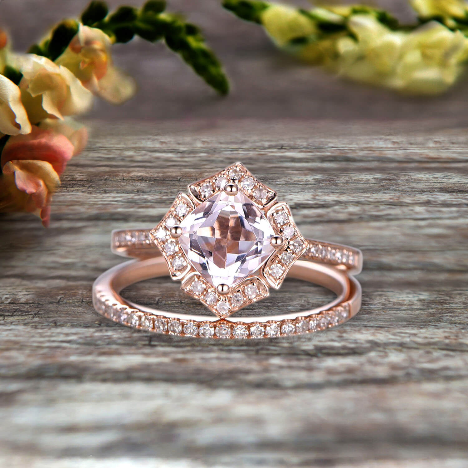 1.75 Carat Cushion Cut Morganite Bridal Set - 10k Rose Gold Vintage Engagement Ring with Art Deco Flower Halo Design - Perfect for Weddings, Anniversaries & Romantic Gifts
