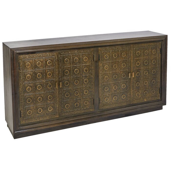 Handmade Brass Overlay Sideboard - Vintage Embossed Metal Buffet Table for Dining Room, Living Room & Entryway Storage | Solid Wood Cabinet with Antique Finish