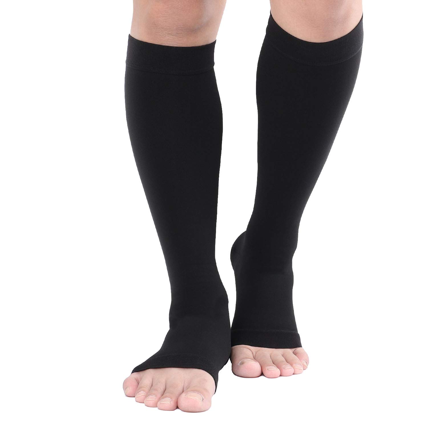 TOFLY® 30-40mmHg Medical Compression Socks for Men & Women - Open Toe Knee High Firm Support Socks for Circulation Recovery, Varicose Veins & Edema Relief - Ideal for Nursing, Running & Shin Splints Treatment (Black)