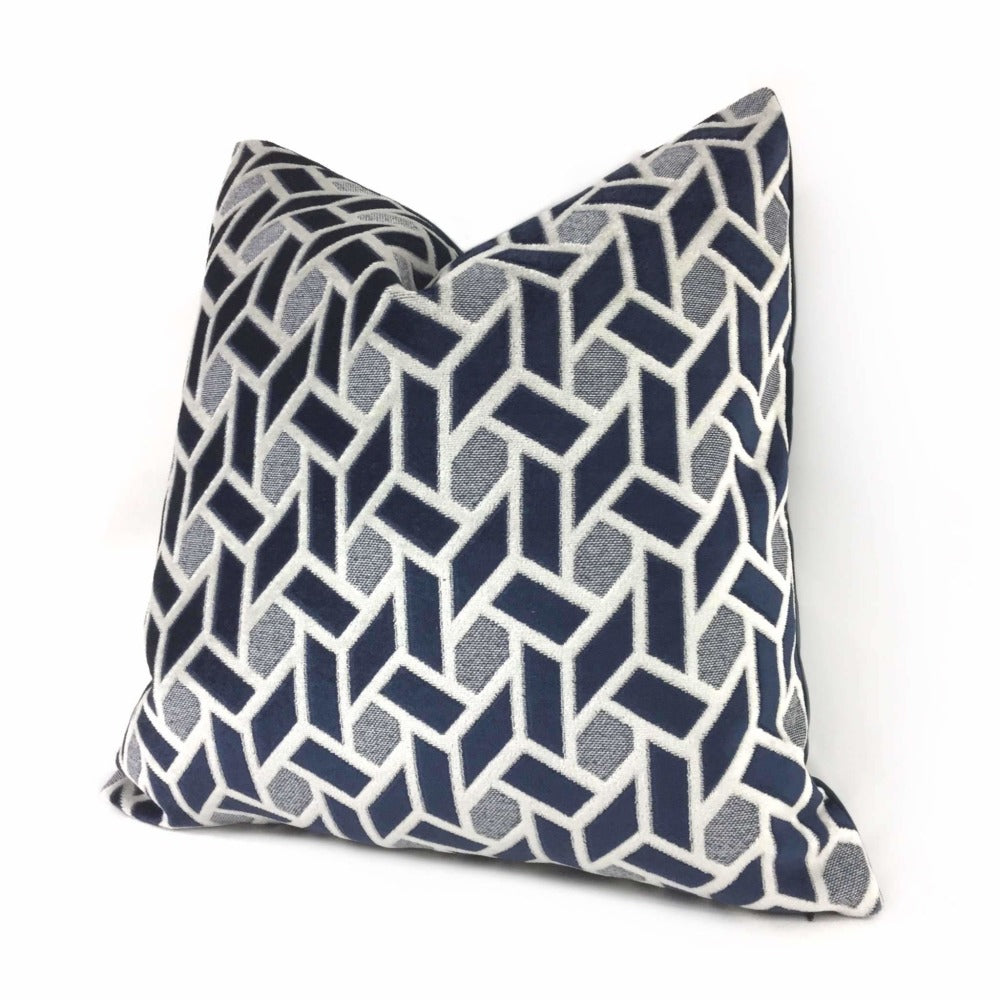 Navy Blue & Light Gray Geometric Velvet Pillow Cover - Soft Decorative Throw Pillow Case for Sofa, Bed & Home Decor