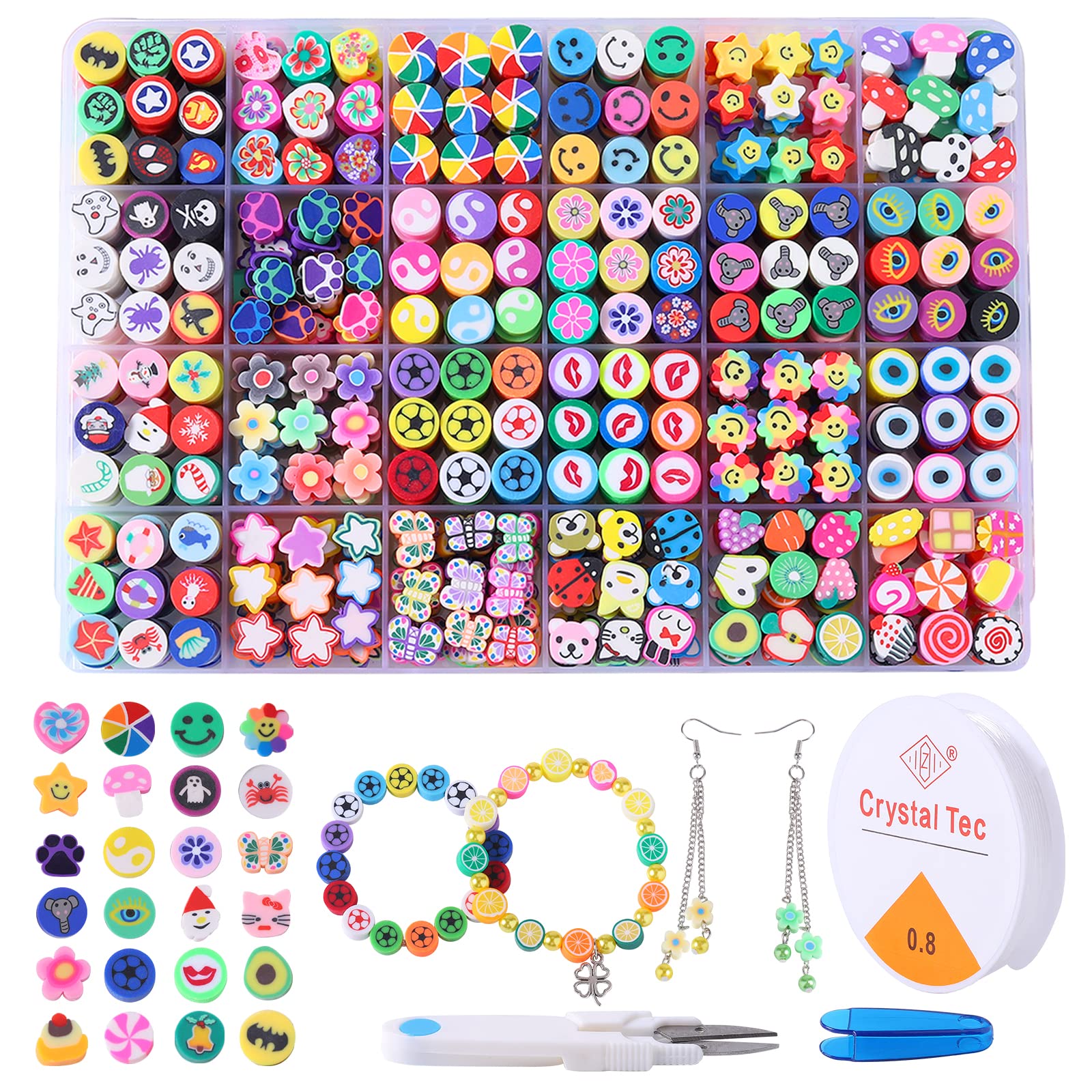 Fishdown 480 PCS Polymer Clay Beads for Jewelry Making Kit - 24 Color Flower Charms, Fruit & Smiley Face Beads - DIY Bracelet, Necklace & Earring Supplies - Perfect for Crafts, Gifts & Kids Activities
