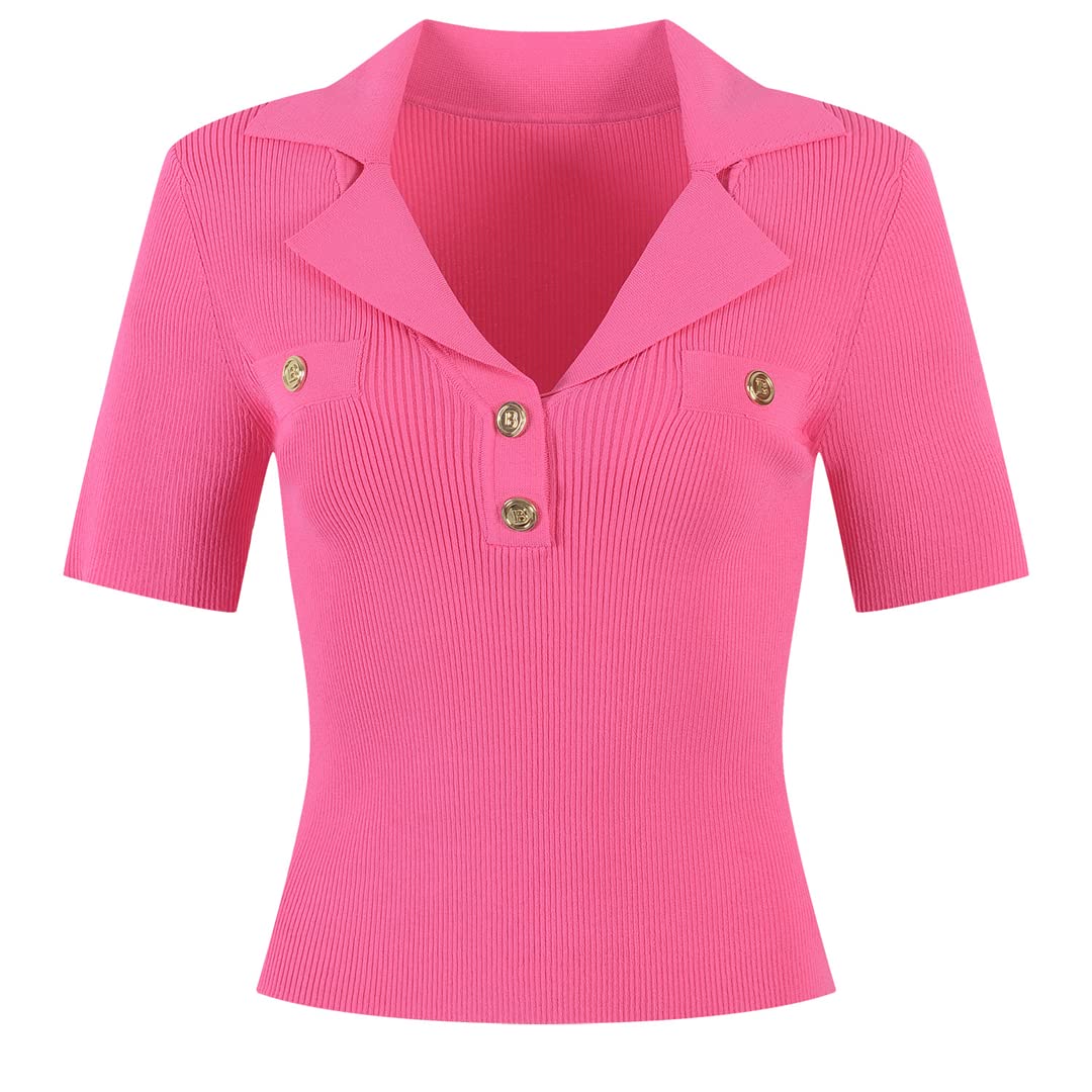 Women's Summer Casual Short Sleeve Knitted Sweater with Gold Buttons - Pink (Size M) | Perfect for Beach Outings, Date Nights & Office Wear