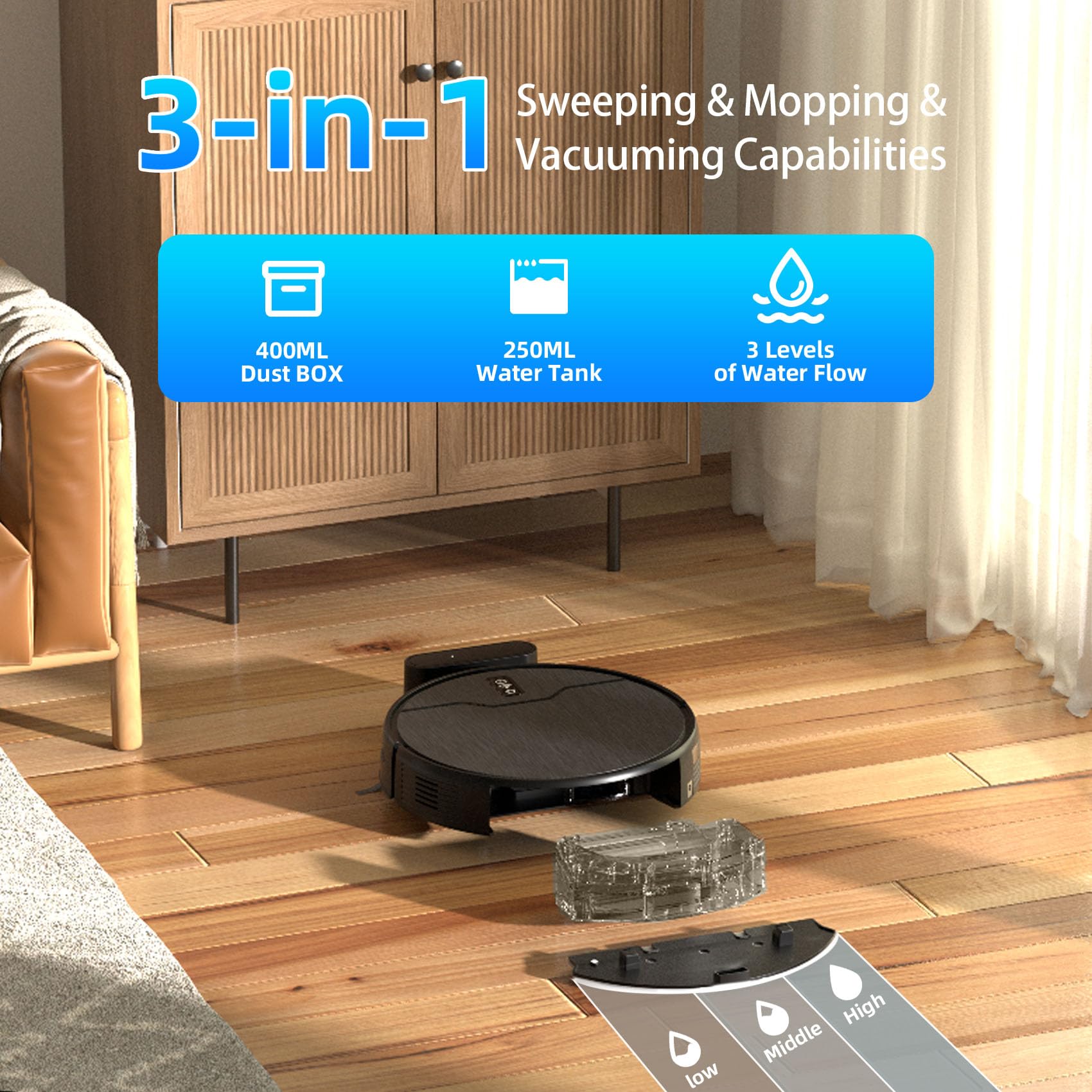 Smart Robot Vacuum and Mop Combo with 6 Cleaning Modes | 3000Pa Strong Suction | Self-Charging | WiFi/App/Alexa Control | Large Dustbin & Water Tank | Ideal for Hard Floors, Carpets & Pet Hair | Perfect for Daily Home Cleaning & Pet Owners