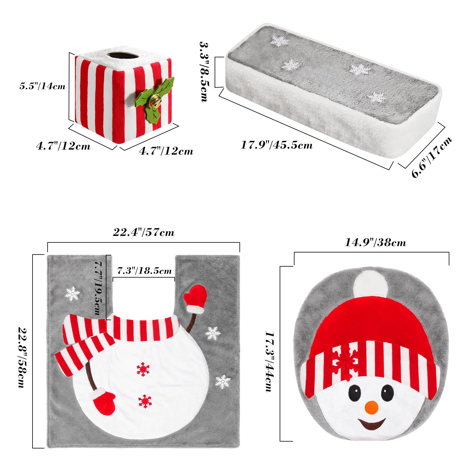 Luxspire 4-Piece Christmas Toilet Seat Cover and Bathroom Rug Set - Snowman Toilet Lid Cover, Toilet Mat, Tank Cover & Tissue Box Cover - Festive Holiday Bathroom Decor for Home, Party & Gift Giving