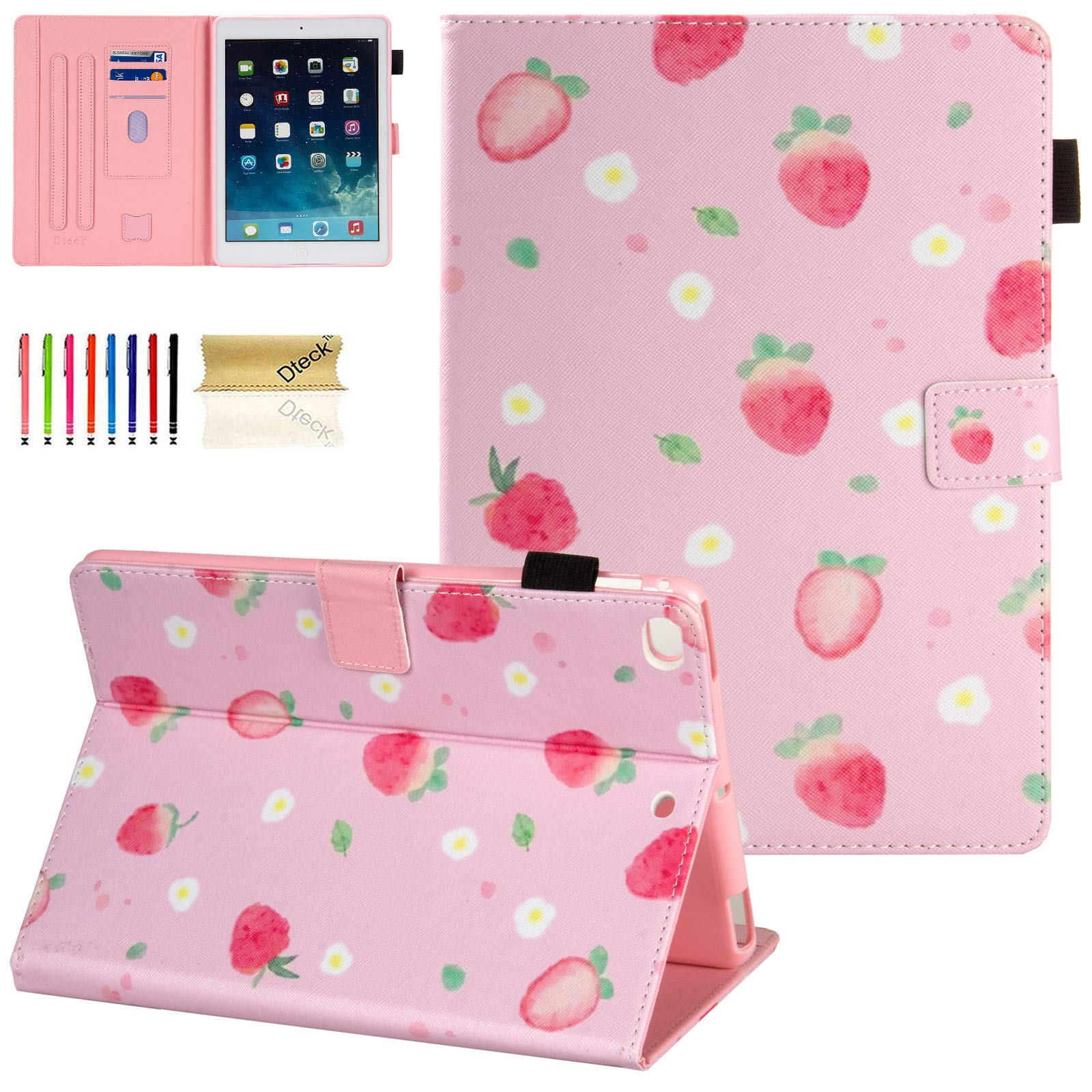 Dteck iPad 9.7 Case (2017/2018) & iPad Air 2/Air Case - Premium PU Leather Smart Cover with Auto Wake/Sleep, Adjustable Stand & Soft Rubber Back - Strawberry Color - Perfect for Work, Travel & Home Use