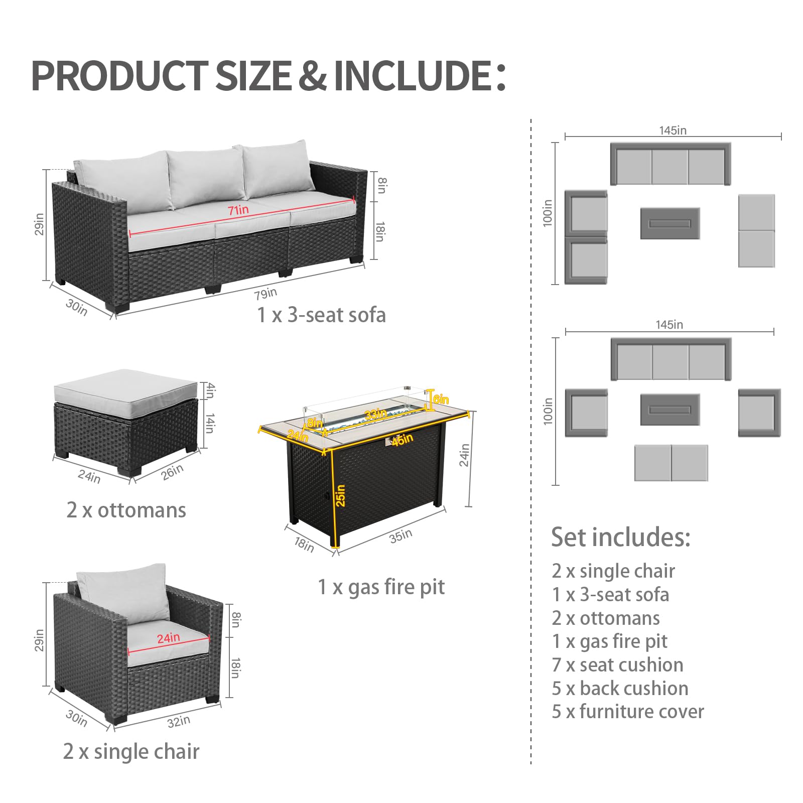 Rattan Patio Furniture Set with 60,000 BTU Propane Fire Pit Table - 6-Piece Outdoor Sofa & Chairs, Anti-Slip Cushions & Waterproof Covers (Light Grey) - Perfect for Backyard, Garden & Poolside Relaxation