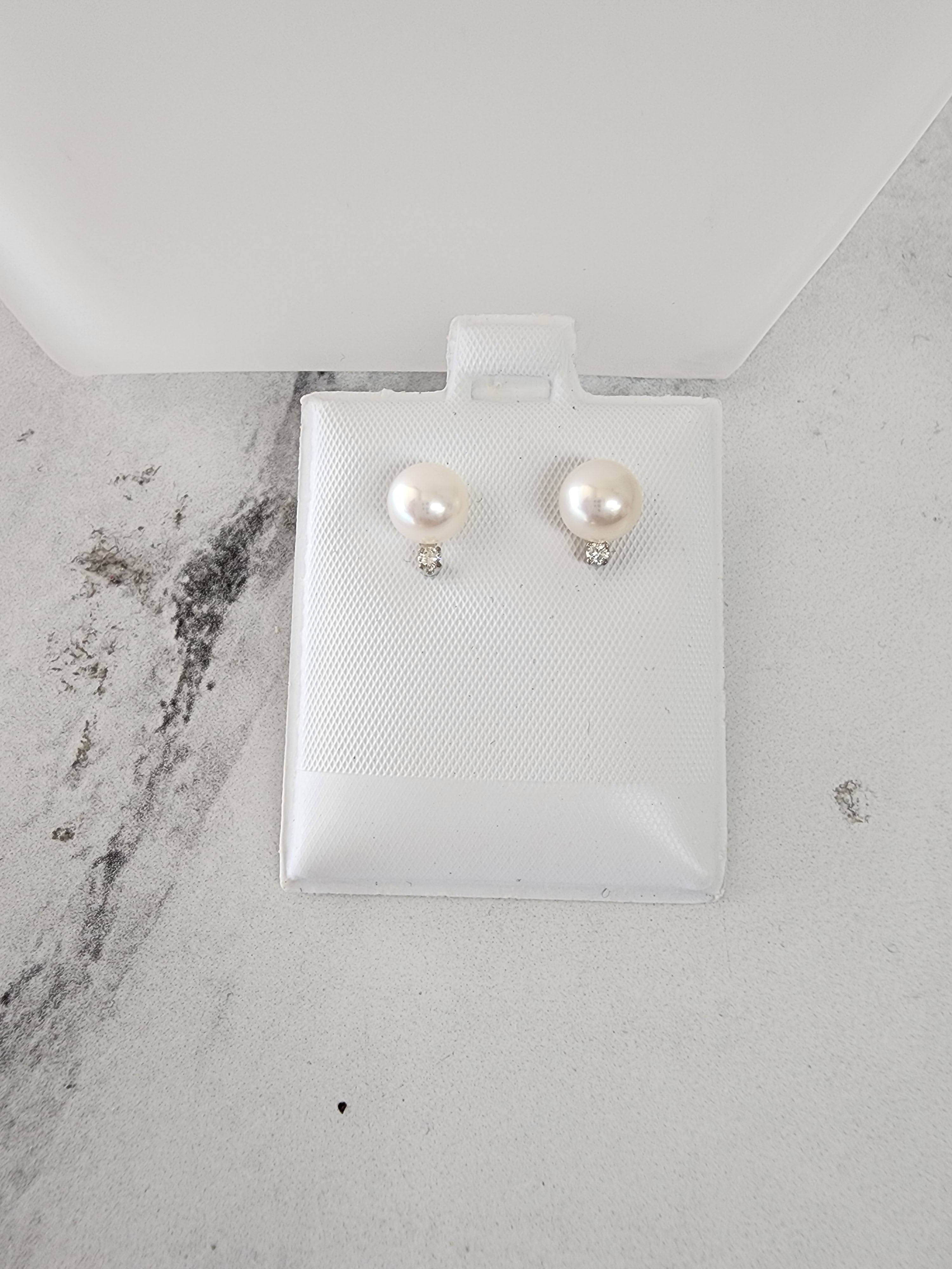 7MM Freshwater Pearl & Diamond Stud Earrings in 14k White Gold - Elegant Jewelry for Women, Perfect for Weddings, Parties & Everyday Wear
