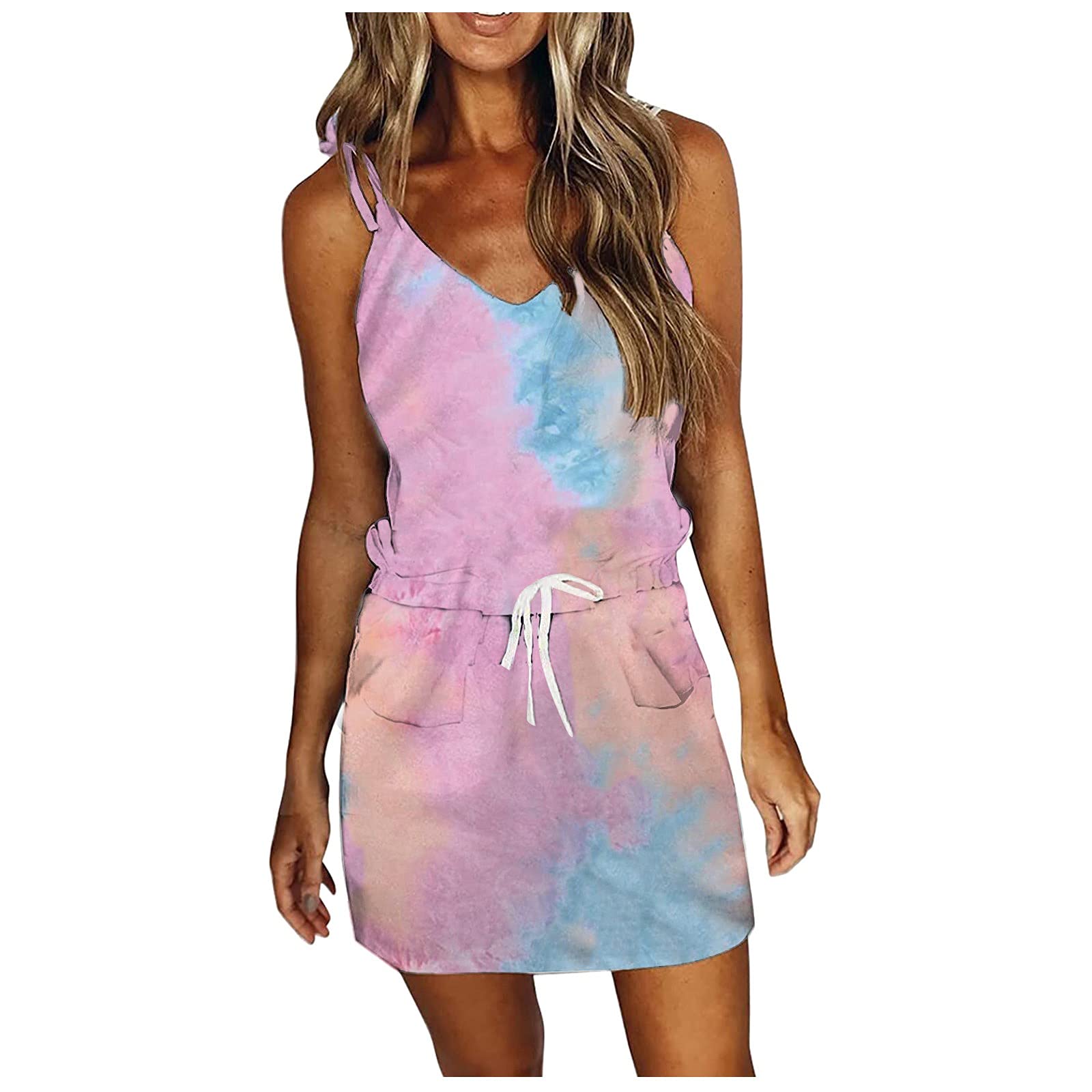 iQKA Women's Tie Dye Mini Dress - Spaghetti Strap Summer Sling Dress with Drawstring Waist & Pockets | Sexy Casual Beach Dress for Vacation, Party & Date Night