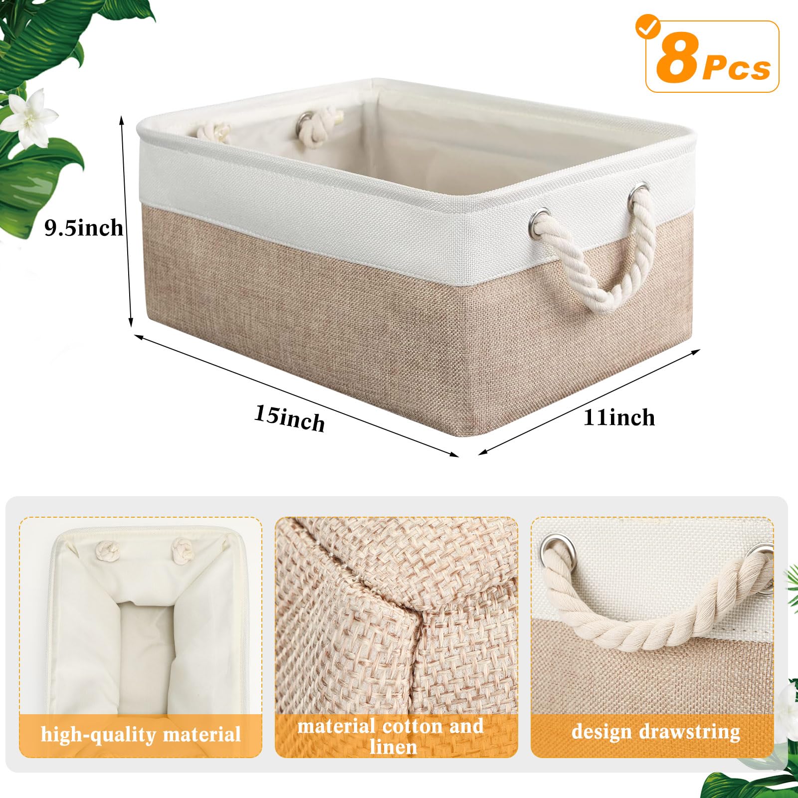 8 Pack Collapsible Storage Bins - Foldable Fabric Organizer Baskets with Handles for Home, Closet, Shelf & Toy Storage - 15 x 11 x 9.5 Inch Beige Polyester Bins - Perfect for Organizing Towels, Blankets, Kids Toys & Bedroom Essentials