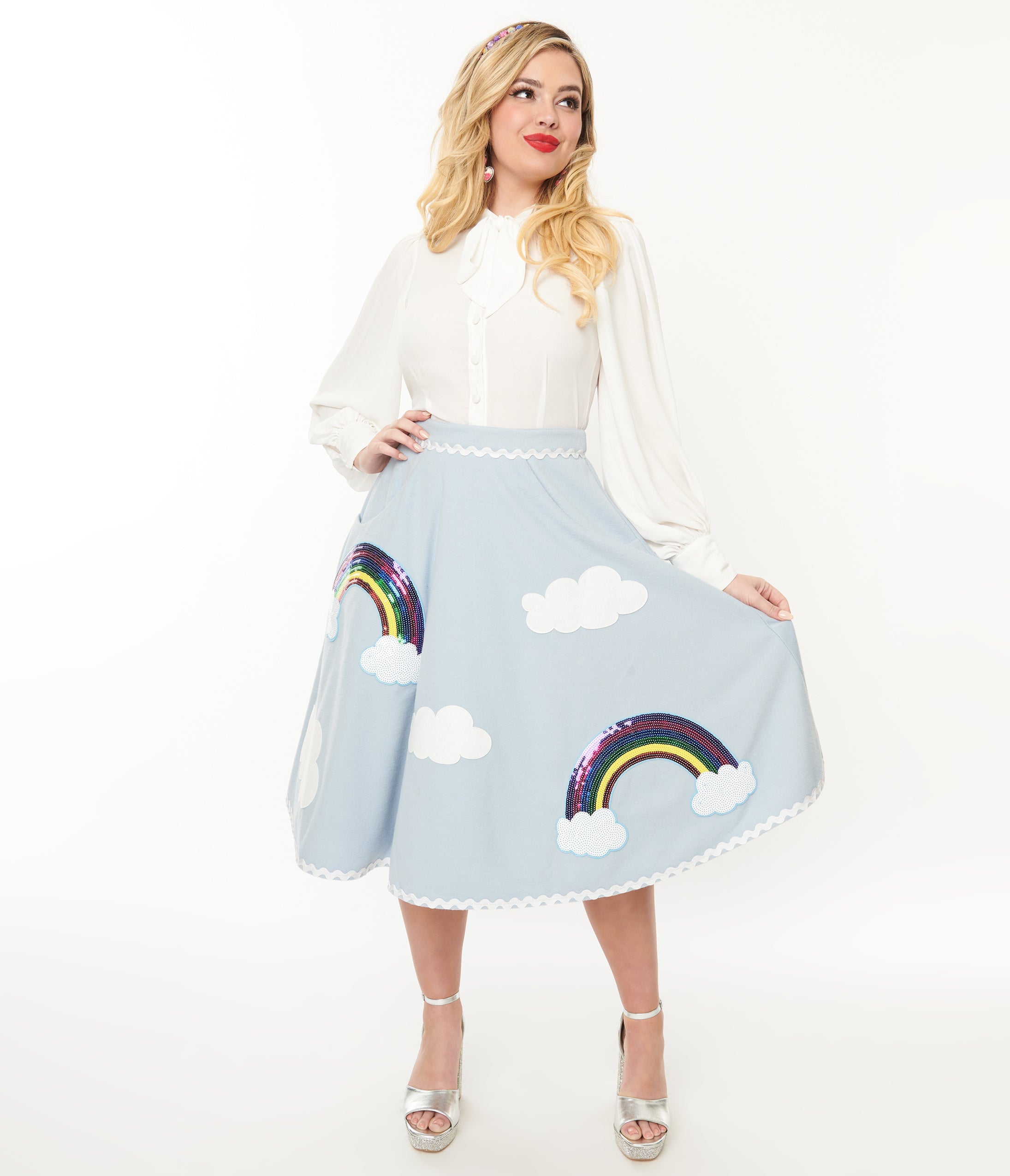 Vintage 1950s Light Blue & Rainbow Sequin Soda Shop Swing Skirt - Retro 50s Style Swing Dress for Women, Perfect for Themed Parties, Dances & Vintage Fashion Lovers