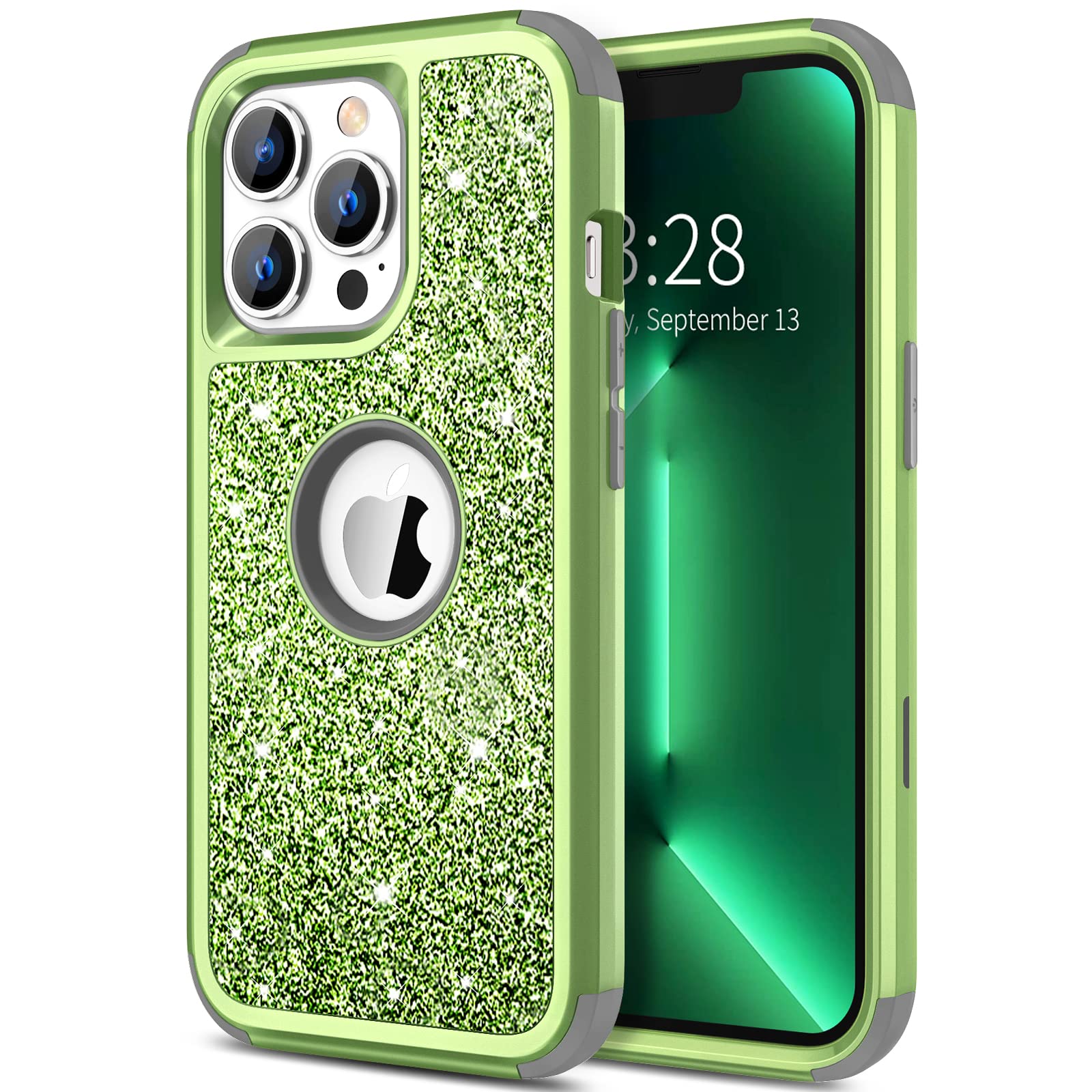 Hython Glitter iPhone 13 Pro Max Case - Cute Shiny Bling Sparkle Cover, 3-in-1 Hybrid Hard PC & Soft TPU Bumper with Full Body Shockproof Protection for Women & Girls (Green) - Perfect for Everyday Use, Parties, and Gift Giving