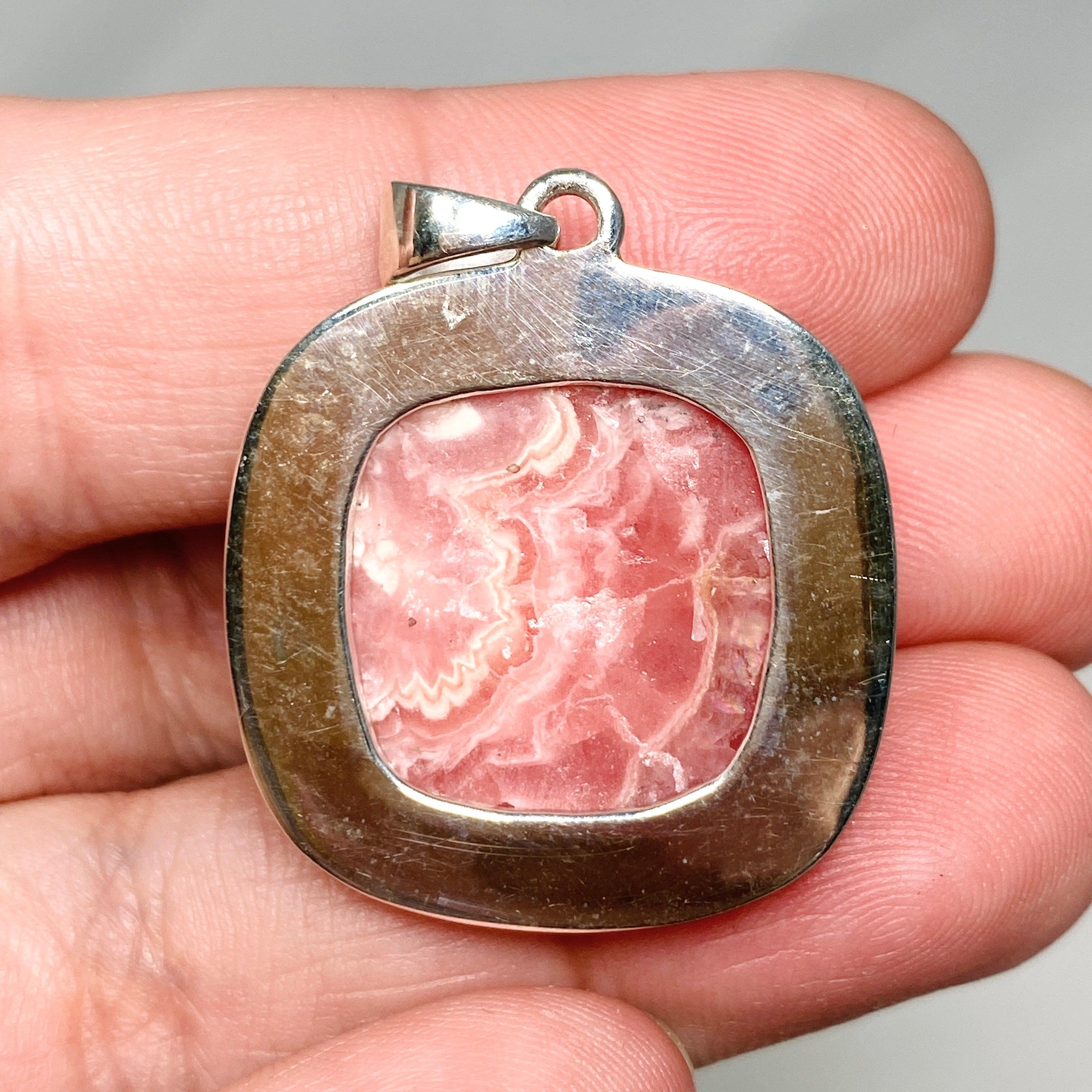 Rhodochrosite Square Pendant Necklace - Handcrafted Hammered Sterling Silver Jewelry KPGJ4323 | Perfect for Gift Giving, Date Nights & Special Occasions