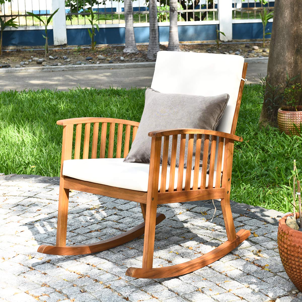 Tangkula 2-Piece Acacia Wood Rocking Chair Set with Removable Washable Cushions - Teak Wood Rocker for Outdoor & Indoor Use - Perfect for Porch, Garden, Patio, Balcony, Poolside Relaxation