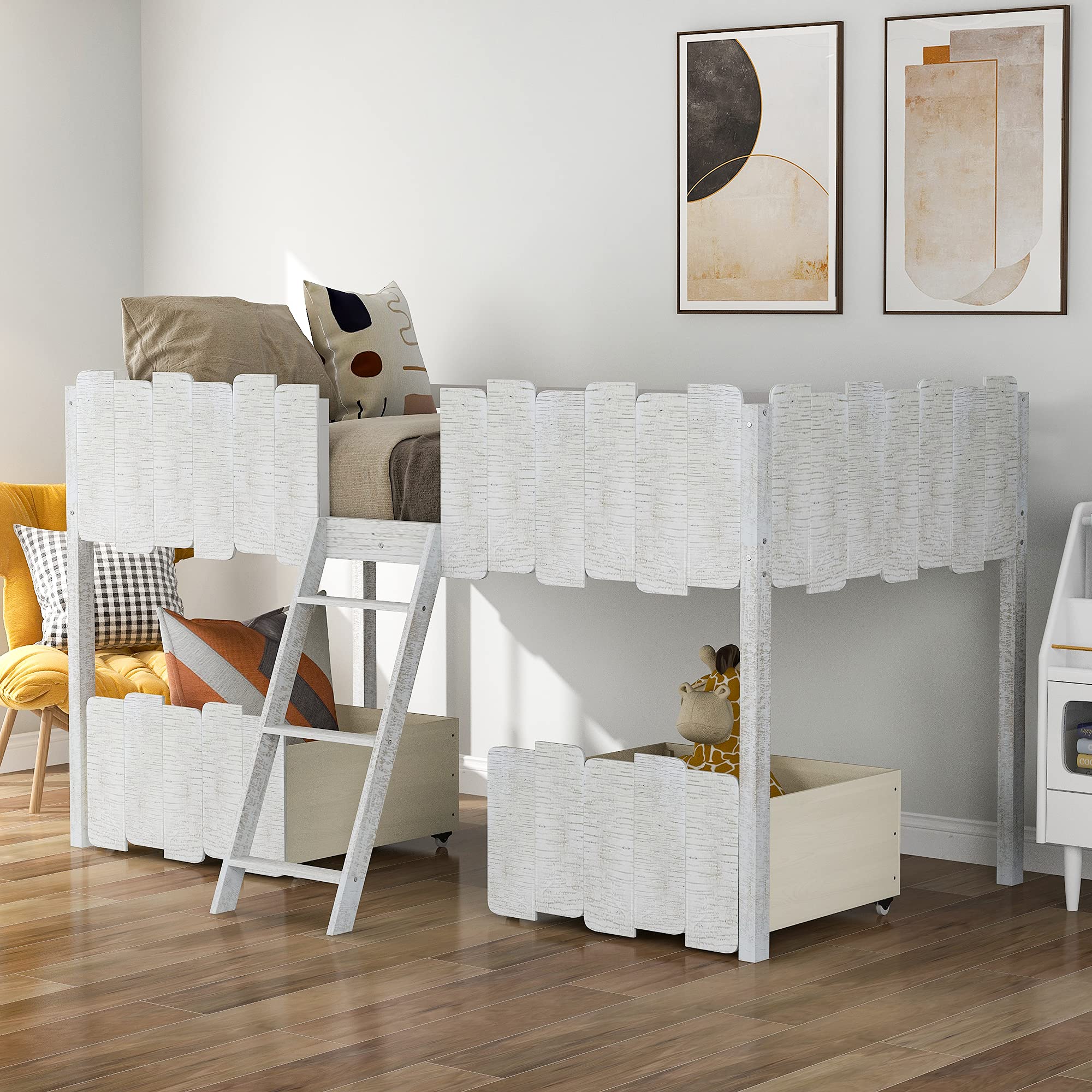 Rustic Vintage Wood Twin Loft Bed with Ladder & 2 Drawers - Low Profile Kids Bed Frame for Boys, Girls, Teens & Toddlers - Perfect for Small Bedrooms, Dorm Rooms & Space-Saving Kids' Rooms (White Finish)