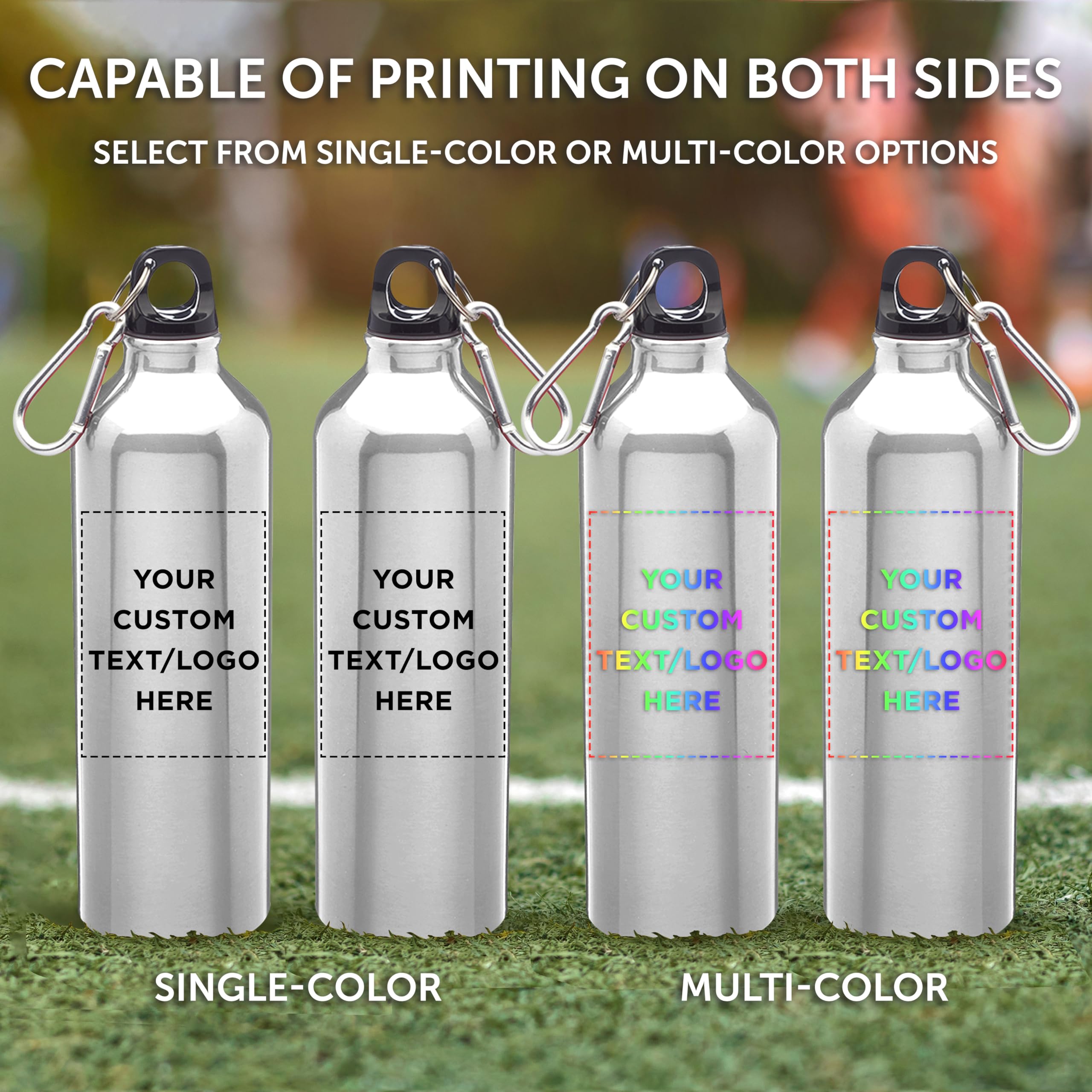 Custom 24 oz Aluminum Water Bottles with Carabiner - Bulk Pack of 50 Personalized Sports Bottles - Ideal for Gym, Hiking, Camping, Running & Outdoor Activities - Silver Water Bottle for Athletes & Fitness Enthusiasts