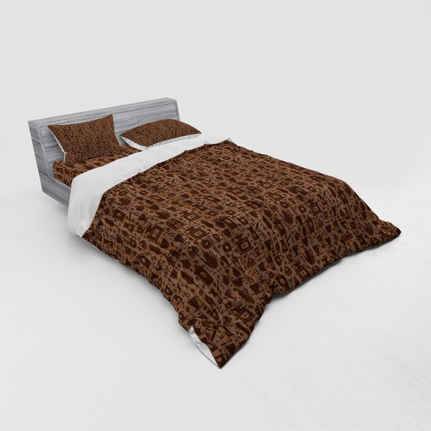 Ambesonne Modern 4-Piece Duvet Cover Set with Shams & Fitted Sheet - Coffee Mug & Teapot Bakery Illustration - Queen Size Bedding in Cocoa Redwood - Perfect for Bedroom Decor & Gift for Coffee Lovers