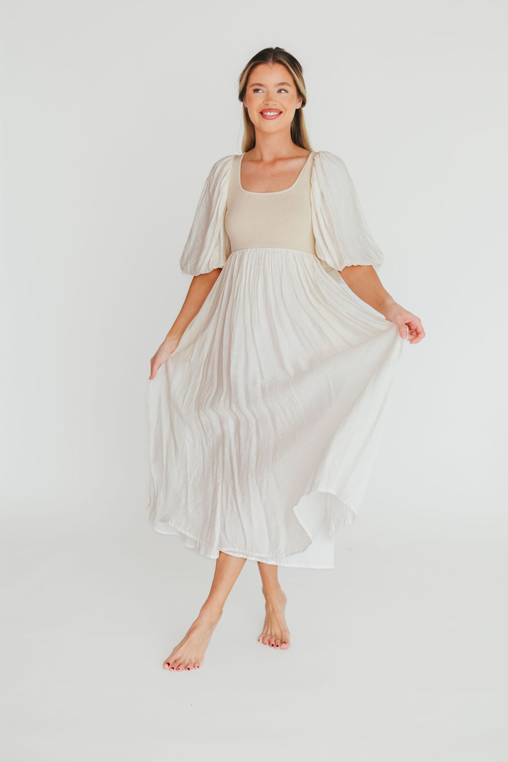 Raina Women's Maternity Midi Dress with Puff Sleeves - Bump Friendly Flowy Dress in Natural for Pregnancy, Nursing & Special Occasions