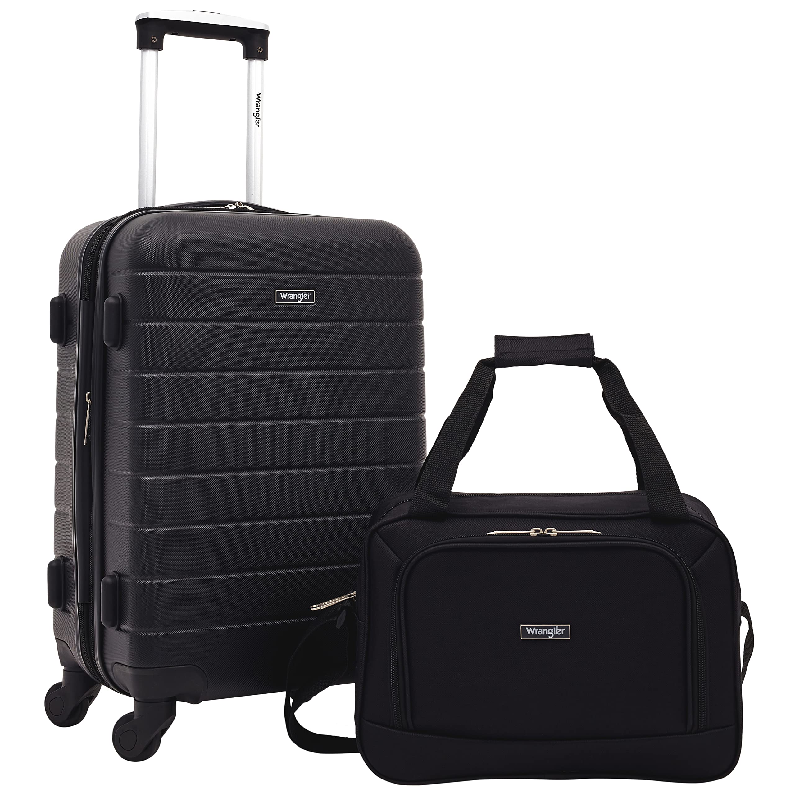 Wrangler Smart 2-Piece Luggage Set with Cup Holder, USB Charging Port & Phone Holder - Black | Perfect for Air Travel, Business Trips & Weekend Getaways