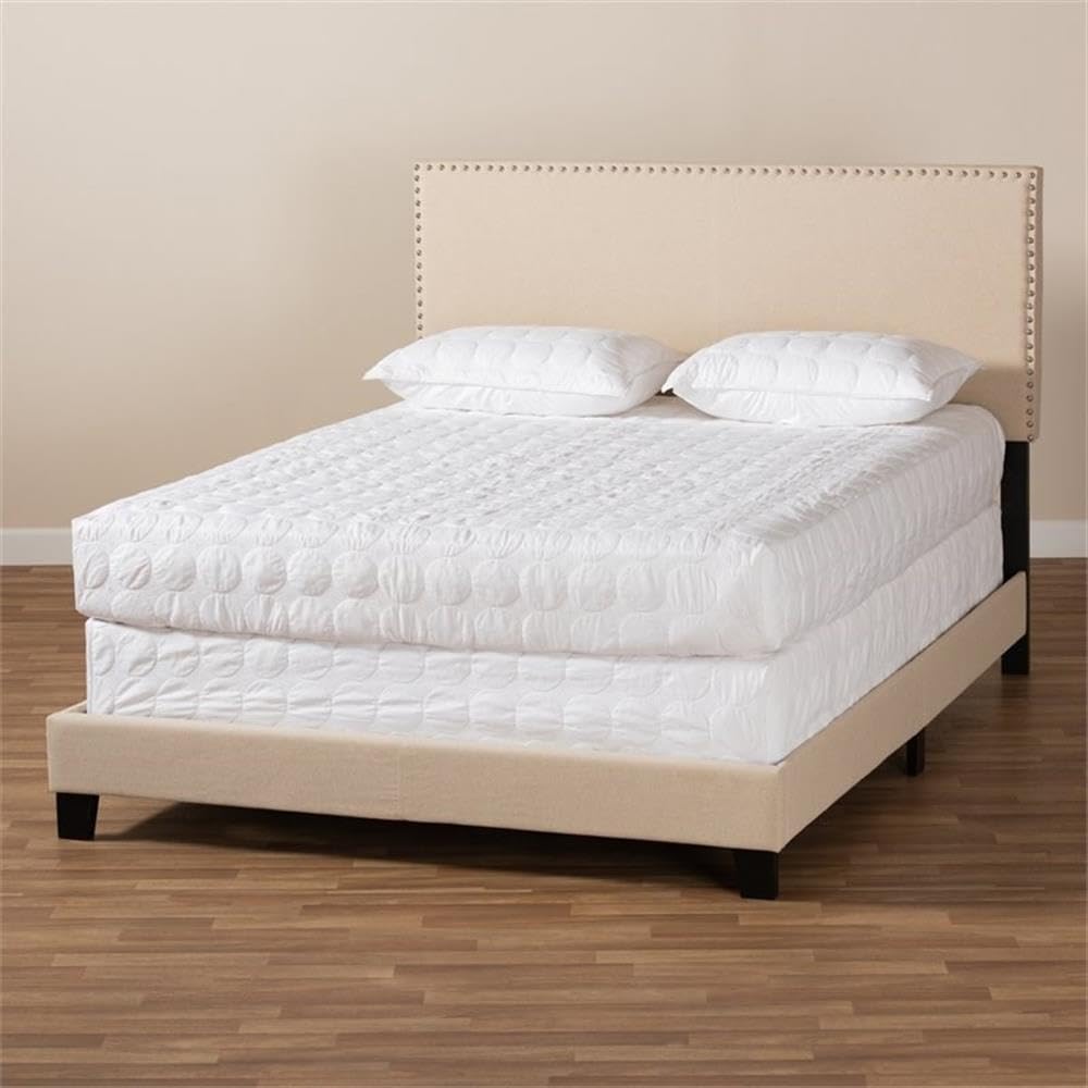 BOWERY HILL Full Size Beige Linen Upholstered Panel Bed with Nailhead Trim - Modern Bedroom Furniture for Master Bedroom, Guest Room & Apartment Decor
