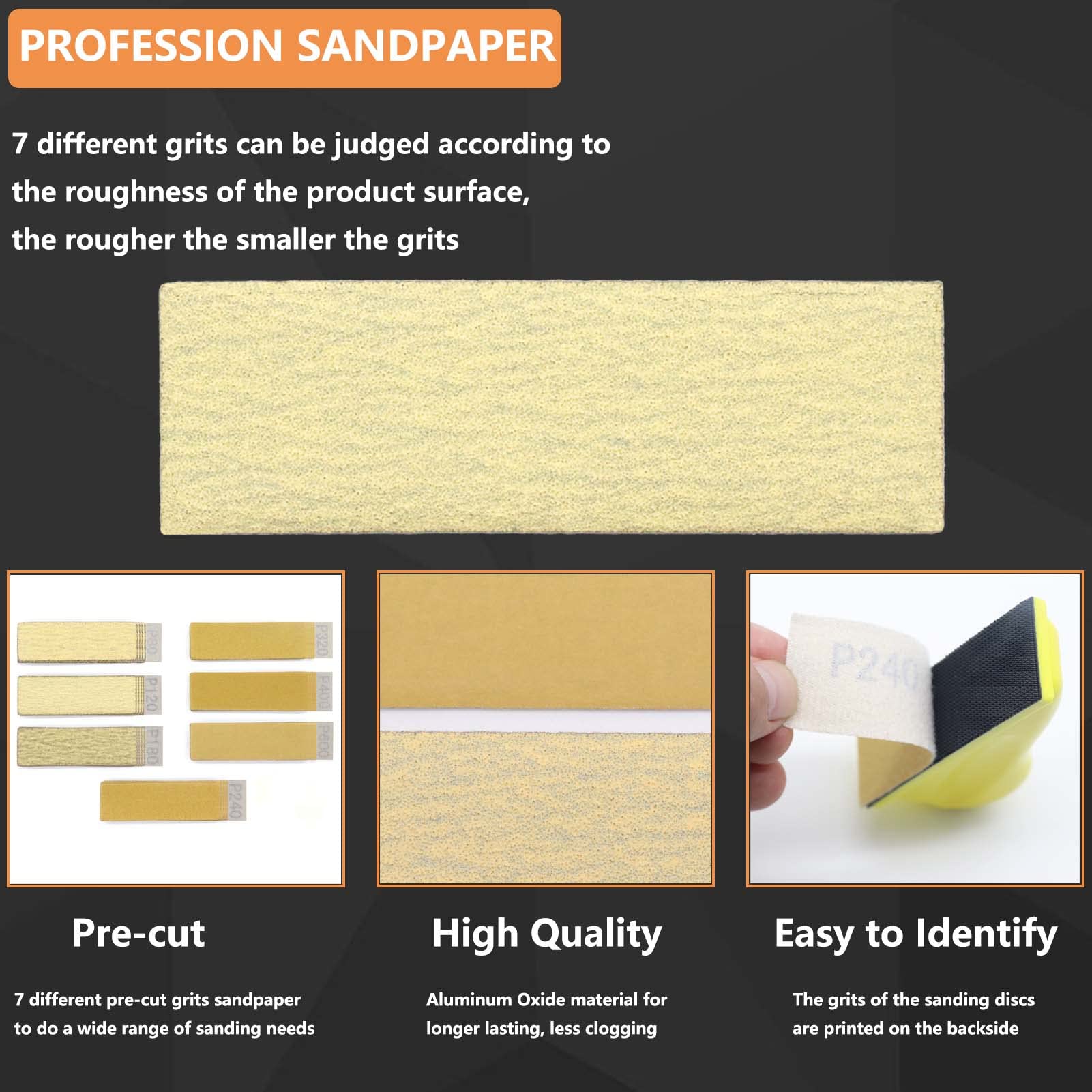 70 Sheets Micro Detail Sander Paper Kit - 3.5”x1” Hand Sanding Block with 80-600 Grit Wet/Dry Hook & Loop Sandpaper for Woodworking, Metal Finishing, Crafts & Tight Spaces - Perfect for Small DIY Projects & Professional Use