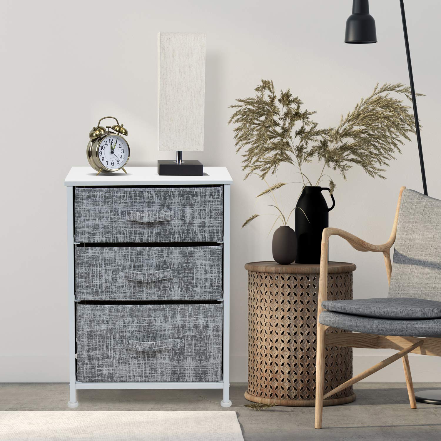 Sorbus 3-Drawer Nightstand - Modern Bedside Table with Steel Frame & Wood Top, Easy Pull Fabric Bins, Gray/White | Perfect for Bedroom, Living Room, Office & College Dorm | Space-Saving Storage Solution for Books, Lamps & Bedroom Essentials